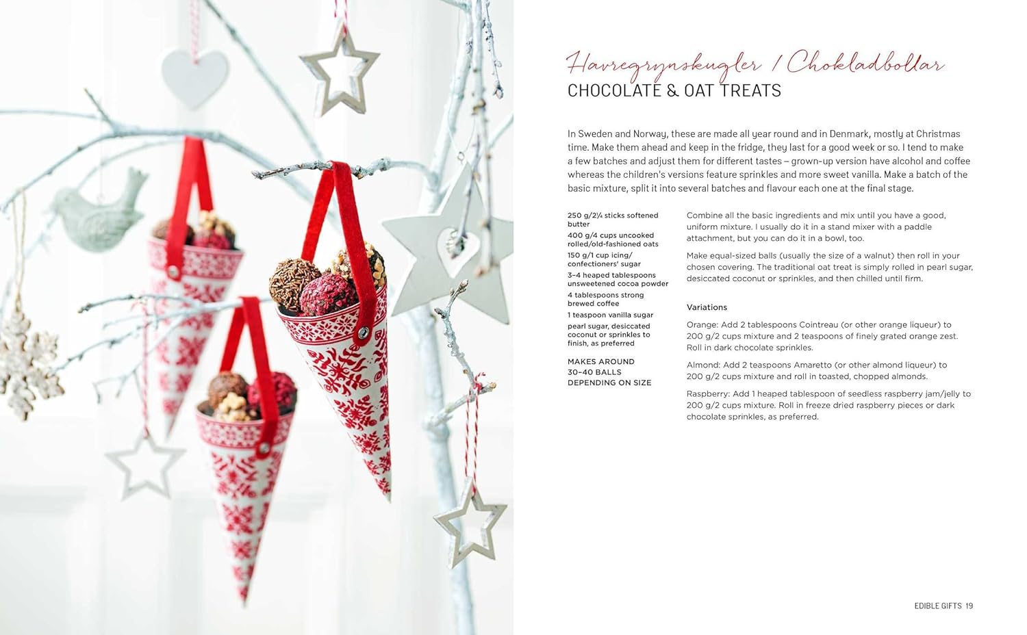 Red and white cones filled with chocolate and oats hang from a branch, accented by stars and ribbons—capturing the festive spirit of SkandiKitchen’s ScandiKitchen Christmas – Recipes and Traditions From Scandinavia.