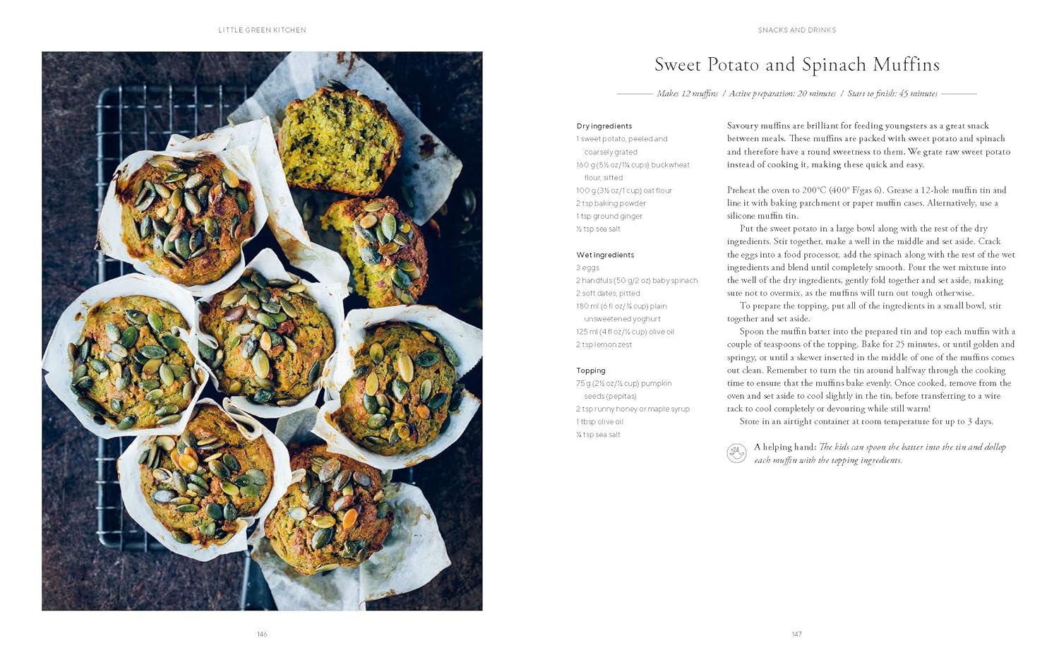 Six sweet potato and spinach muffins topped with seeds sit in parchment on a cooling rack beside a page from Little Green Kitchen - Simple Vegetarian Family Recipes by Little Green Kitchen, perfect for wholesome, family-friendly meals.