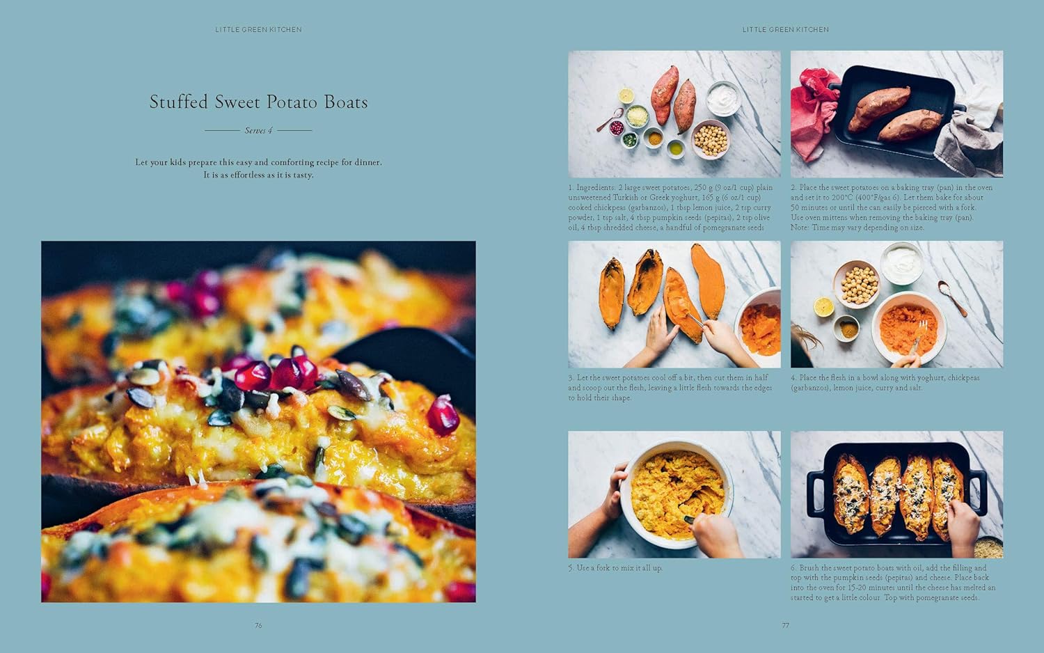Two pages from Little Green Kitchen - Simple Vegetarian Family Recipes by Little Green Kitchen feature a stuffed sweet potato boats recipe with step-by-step photos, ingredients, and instructions—great for wholesome family meals.
