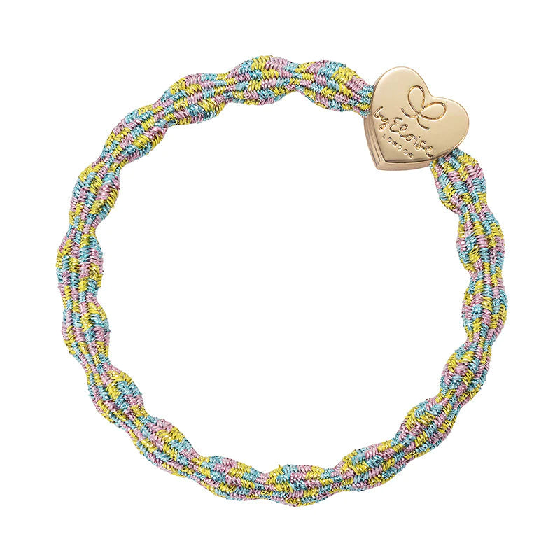 The ByEloise Bangle Band Metallic Gold Heart, Candy is a braided multicolored elastic hair tie with metallic thread for subtle shimmer and features a gold heart-shaped charm engraved with text and a delicate butterfly design—a truly dazzling sparkle hair accessory.