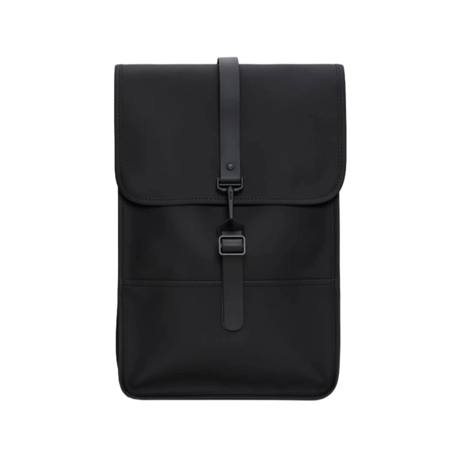 The Rains Backpack Mini Bag in Black by Rains showcases a minimalist rectangular design with a flap closure and a single buckle strap on the front, displayed against a white background.