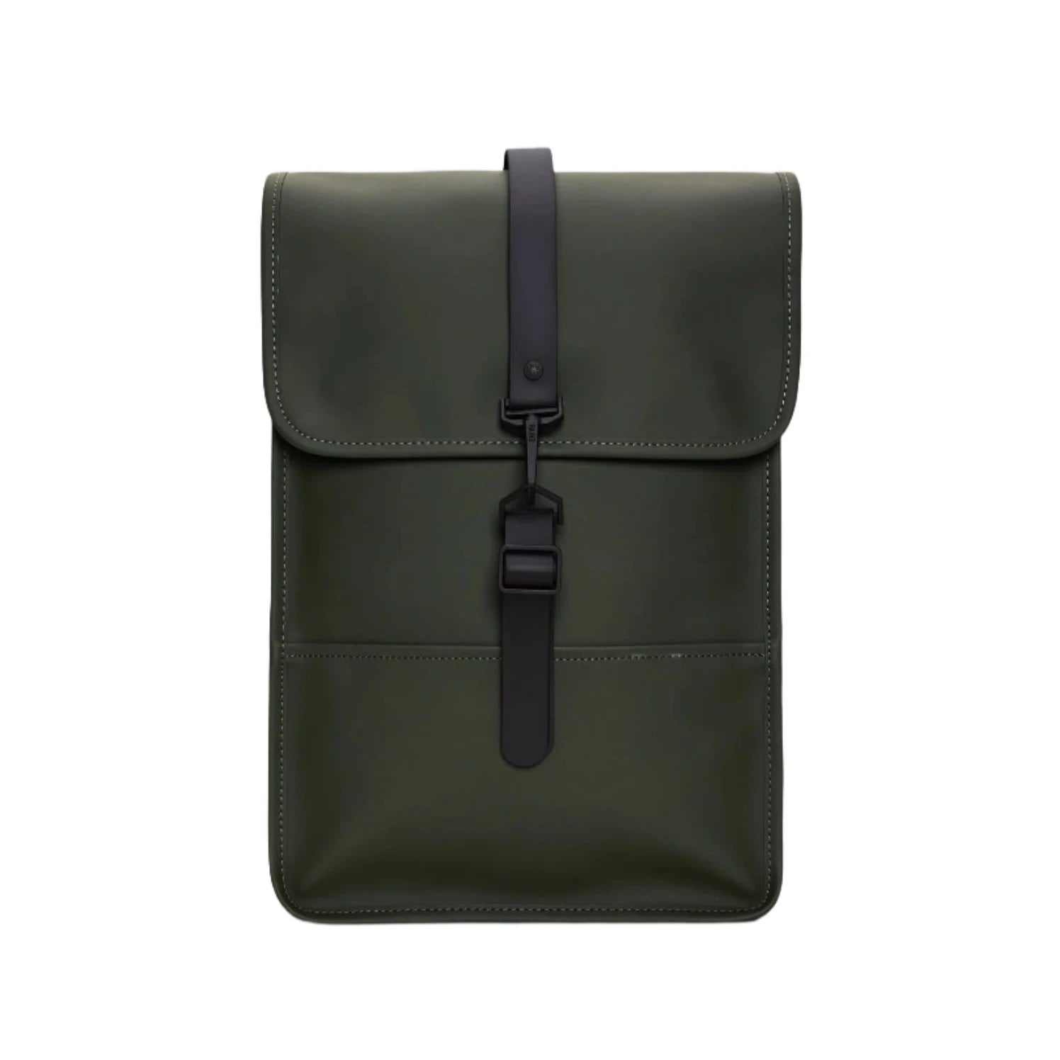 The Rains Backpack Mini Bag in Green by Rains is a dark green rectangular laptop backpack featuring a flap closure, black strap with buckle, and two vertical seams on the front accentuated by white edge stitching. Designed as a stylish and waterproof rucksack for everyday use, it is shown against a plain white background.