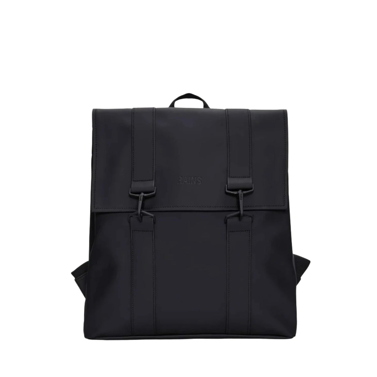 The Rains MSN Bag in Black by Rains is a minimalist commuter bag with a flap top, two front buckle straps, and a small top handle. It features a dedicated laptop pocket and is perfectly suited for daily use—shown here against a plain white background.