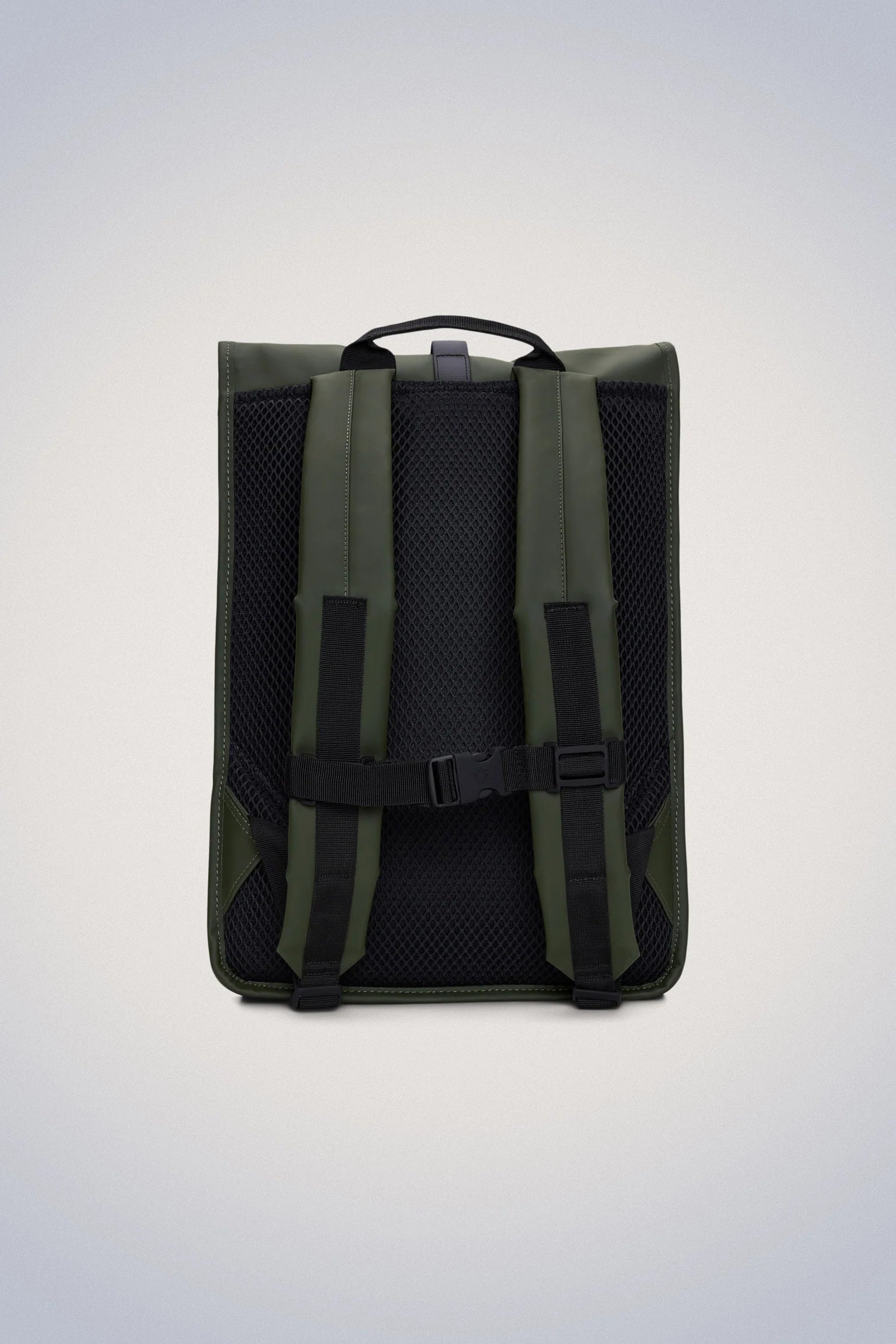 The Rains Rolltop Rucksack Backpack in Green by Rains features a rectangular waterproof design, black padded shoulder straps, top handle, chest strap, and a dedicated laptop pocket for added convenience.