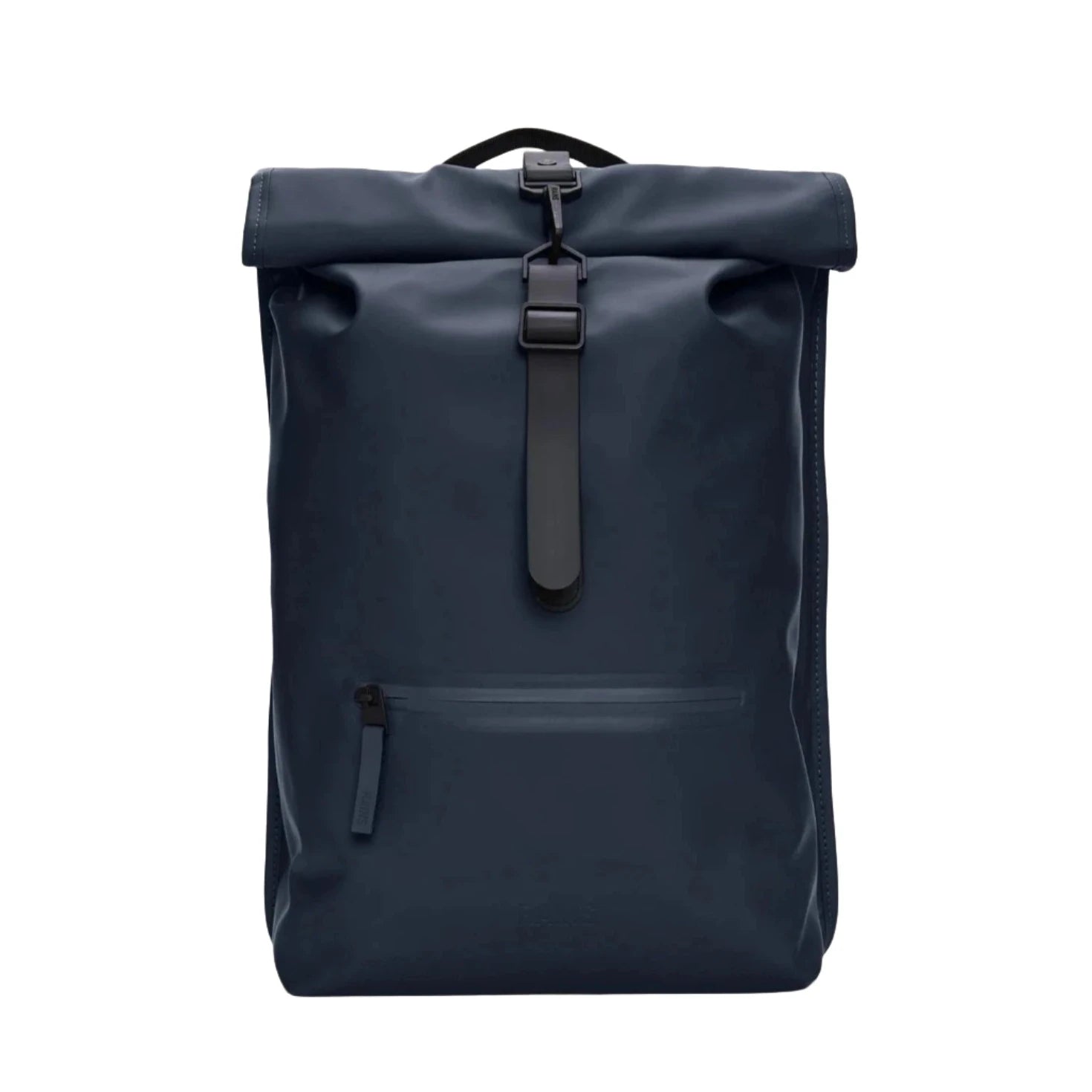 The Rains Rolltop Rucksack Backpack in Navy by Rains features a sleek, waterproof design with a black strap and buckle closure, a compact front zipper pocket, and minimalist styling. Displayed against a plain white background, it’s an ideal commuter bag for everyday use.