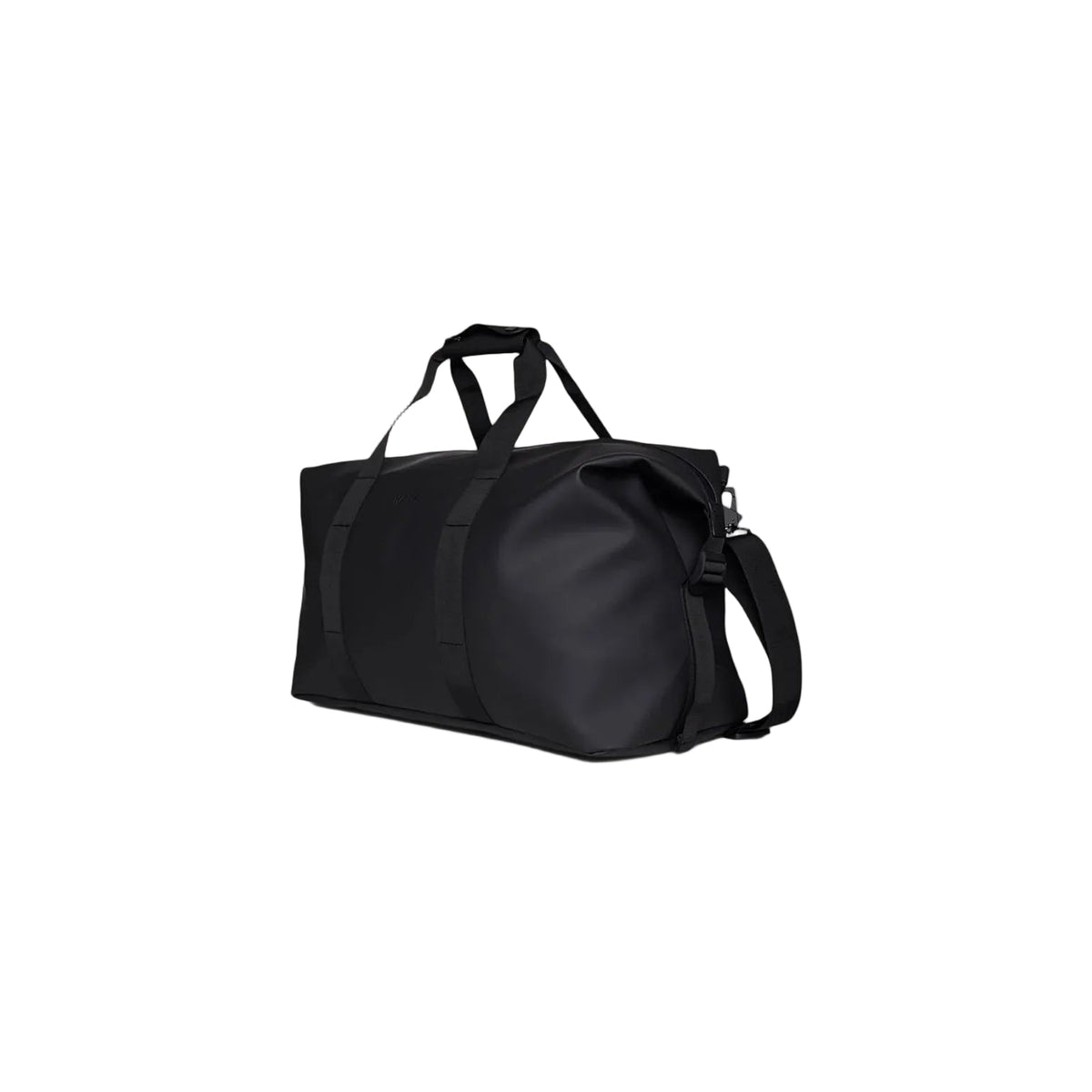 A Rains Hilo Weekend Bag in Black, featuring two carrying handles and a detachable shoulder strap, is photographed against a plain white background. This stylish travel bag by Rains is waterproof, making it ideal for short getaways or daily use as an overnight bag.