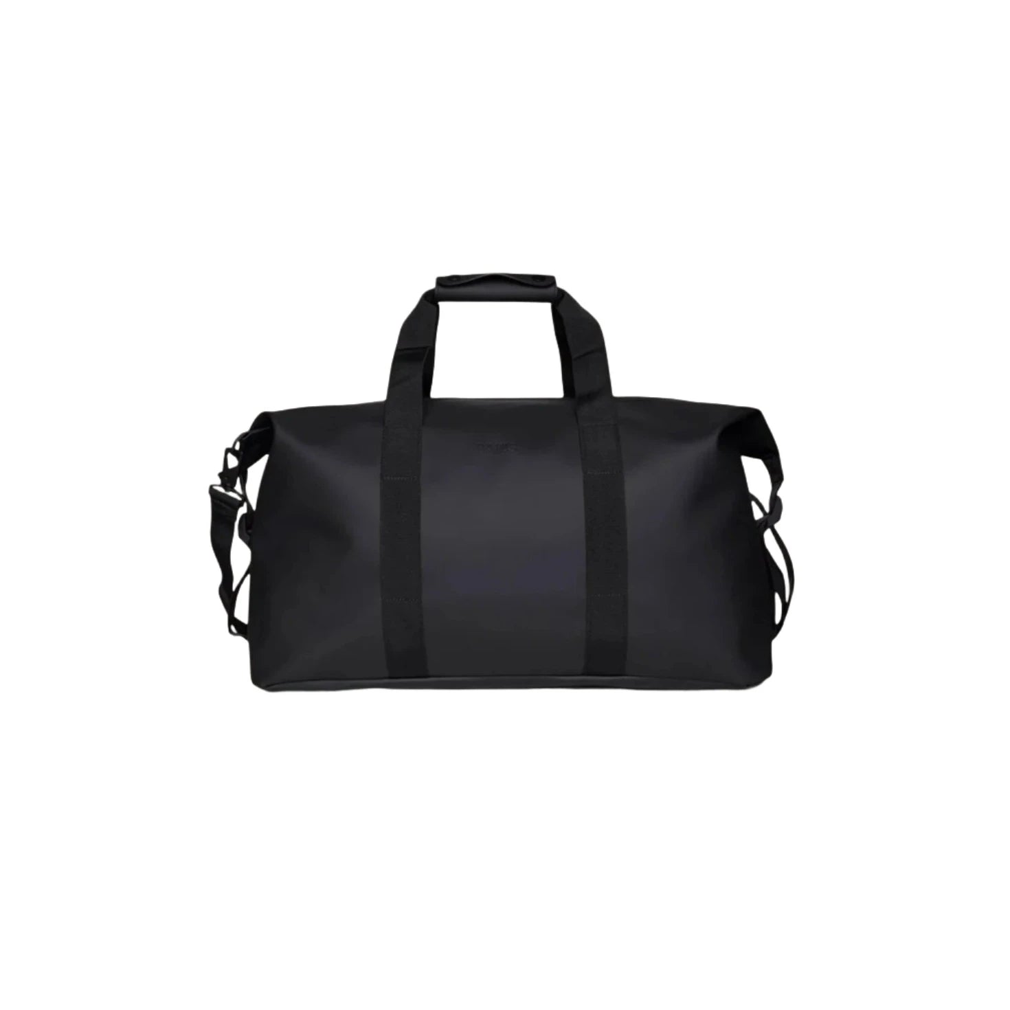 The Rains Hilo Weekend Bag in Black by Rains features two short handles and a long adjustable shoulder strap, shown against a plain white background—making it the perfect travel companion for stylish getaways.