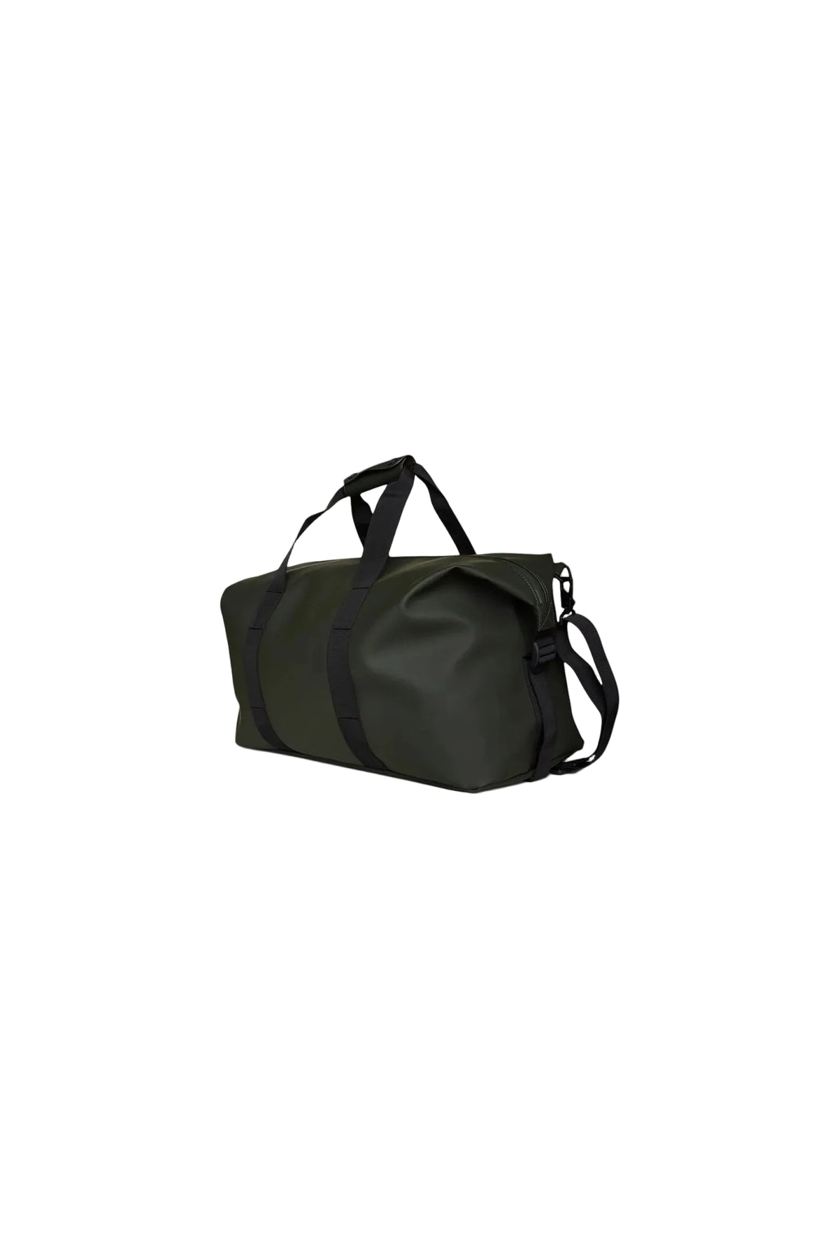The Rains Hilo Weekend Bag in green, featuring black handles and an adjustable shoulder strap, is crafted from durable PU fabric and showcased against a light gray background.