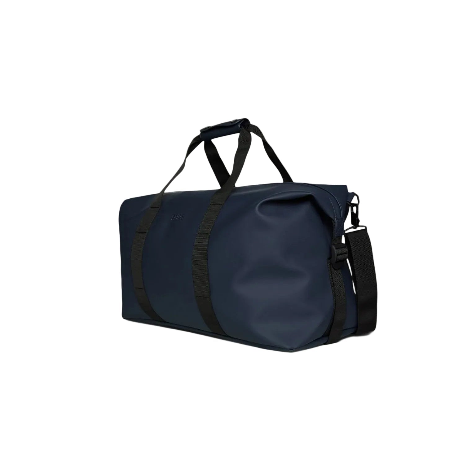 The Rains Hilo Weekend Bag in Navy by Rains features black handles and a detachable shoulder strap, shown against a plain light background—an ideal waterproof bag for any weekend trip.