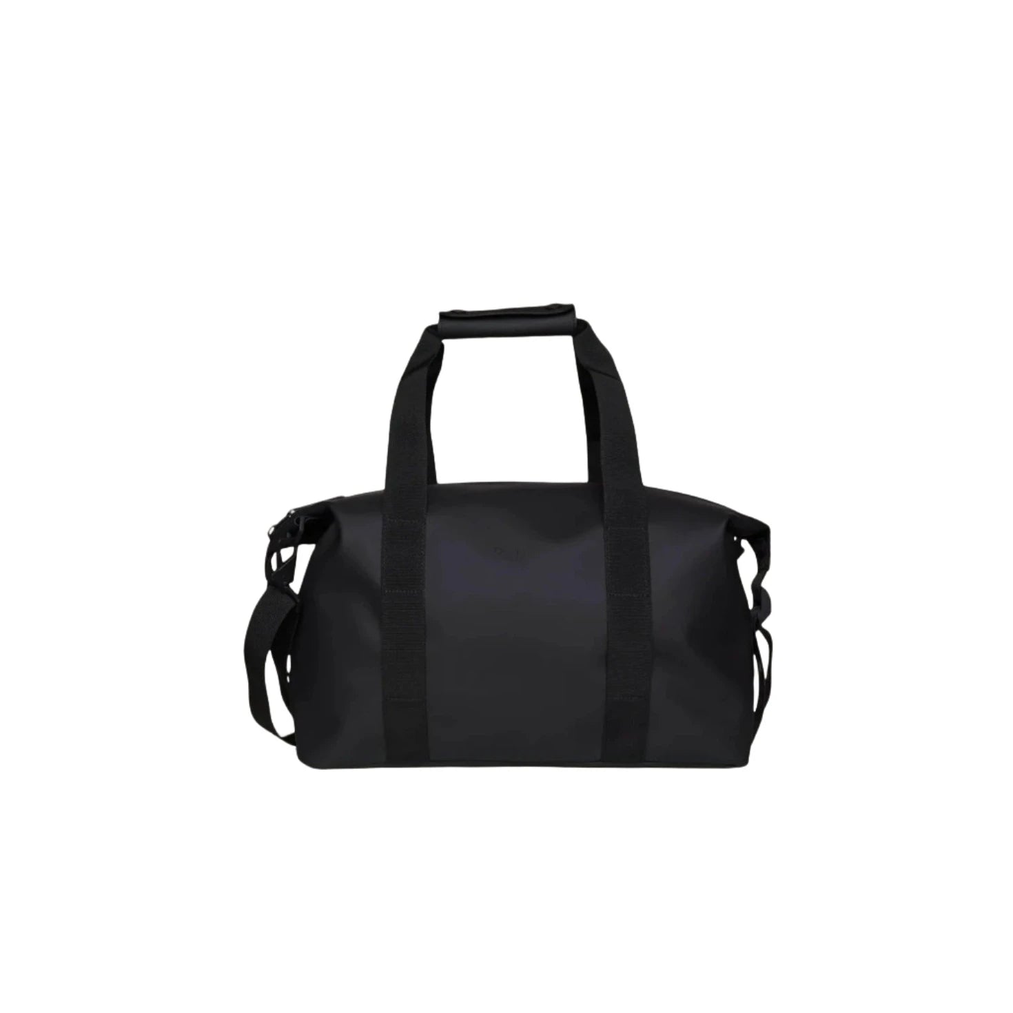 The Rains Hilo Weekend Bag Small in Black by Rains is shown against a plain white background. This versatile duffel features two long handles and a detachable shoulder strap, designed to keep your essentials organized and secure for any quick getaway.