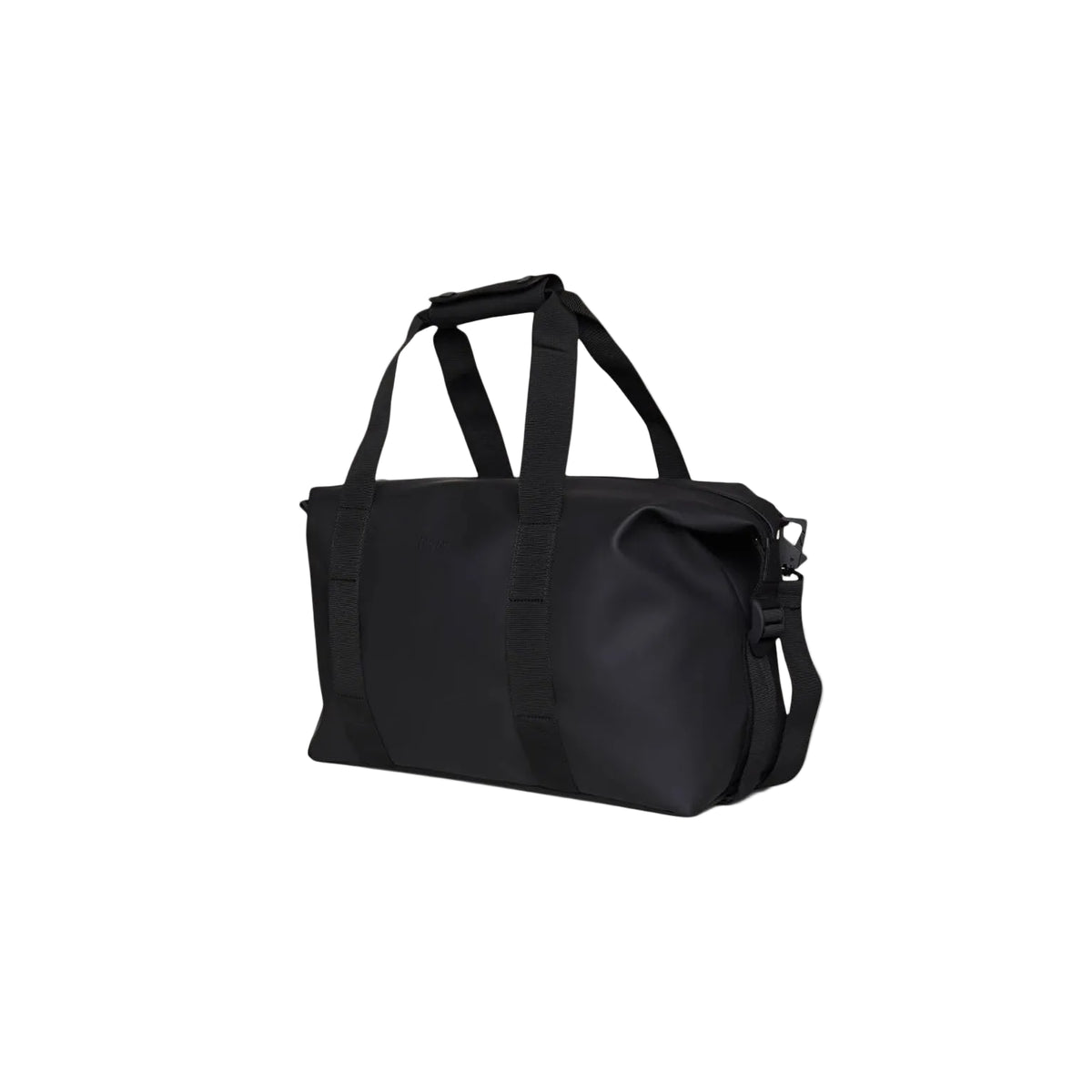 The Rains Hilo Weekend Bag Small in Black by Rains is a waterproof tote featuring double handles, a padded shoulder strap, and a zipper closure, shown here against a white background.