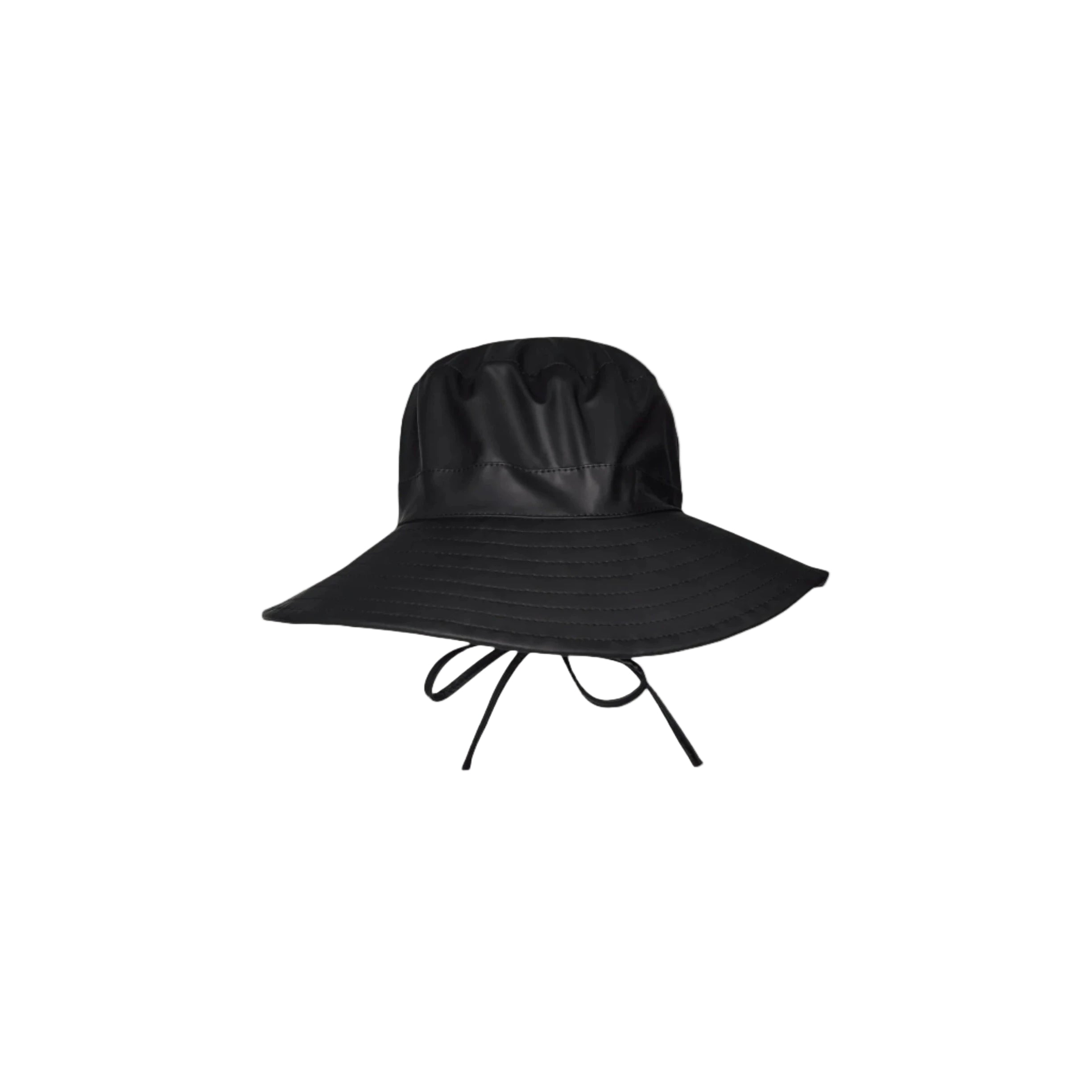 The Rains Boonie Hat in Black by Rains features a wide brim, chin straps, and PU fabric, shown against a plain white background.