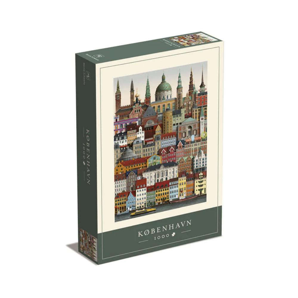 The Martin Schwartz Copenhagen City Puzzle (1000 pieces) features an illustrated cityscape with colorful buildings and landmarks. The mostly green and white box is labeled “København 1000.”.