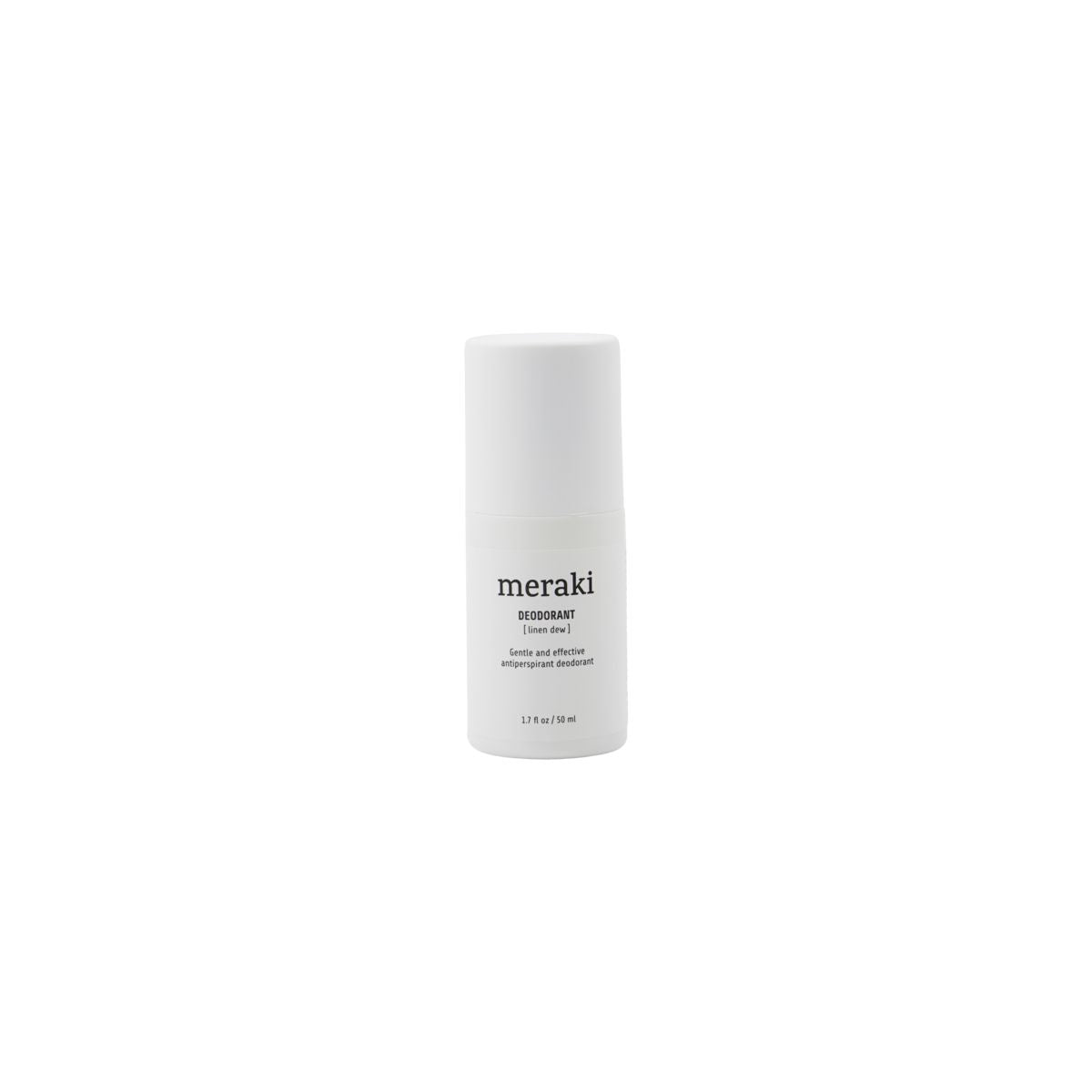 A white cylindrical bottle of Meraki Organic Deodorant, Linen Dew, with black text on the label and featuring organic extracts, placed against a plain white background.