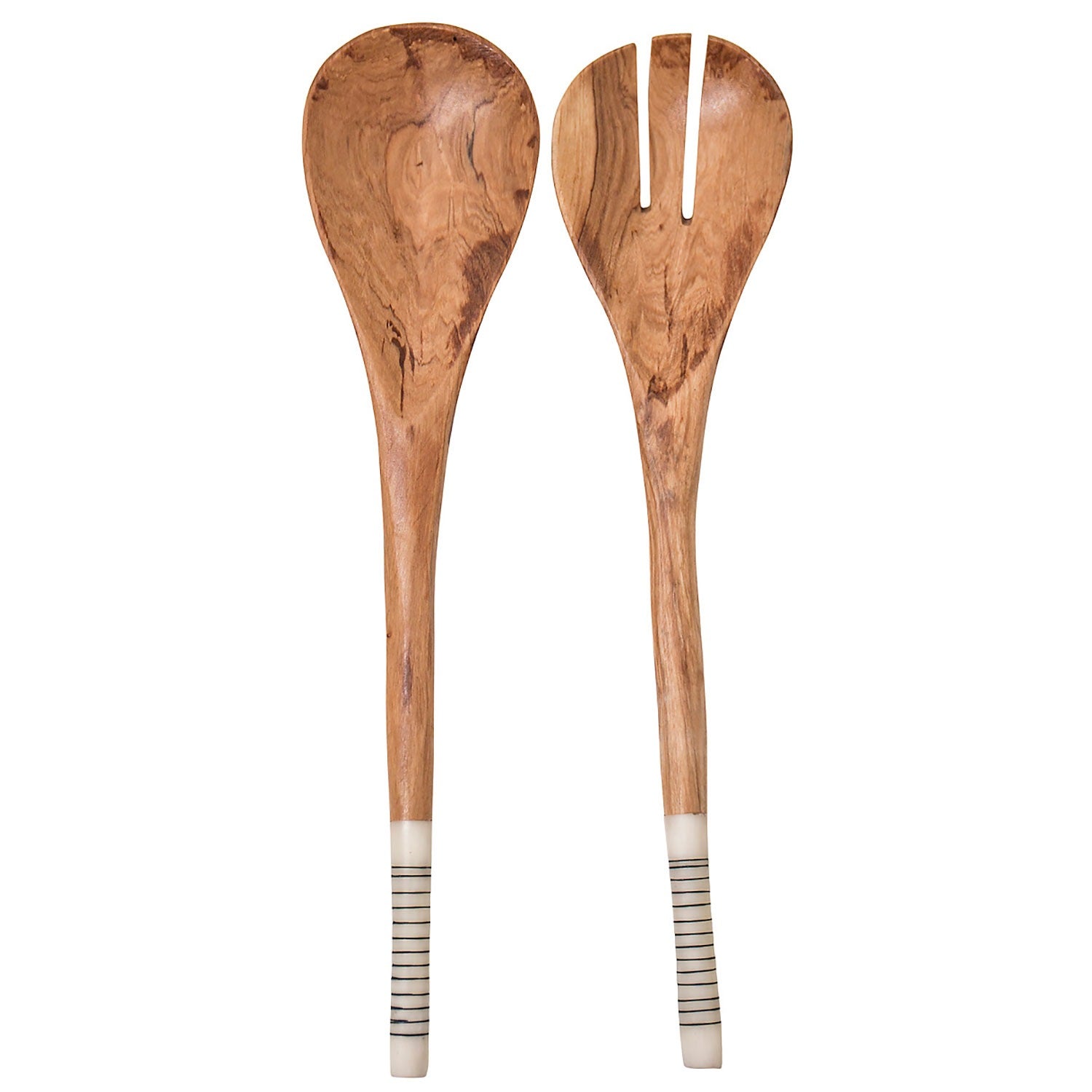 The Striped Wooden Salad Servers by A World of Craft are handmade in Kenya. Each set includes one solid and one forked server, both with elongated handles adorned with distinctive white bands and black stripes.