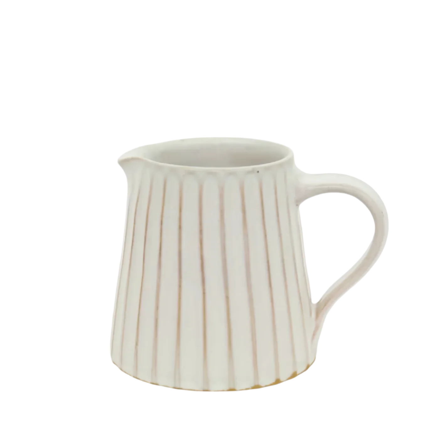 The Rhea Ceramic Jug in beige by A World of Craft is handmade from stoneware clay, featuring vertical ridges, a curved handle, and a small spout, displayed on a plain white background.