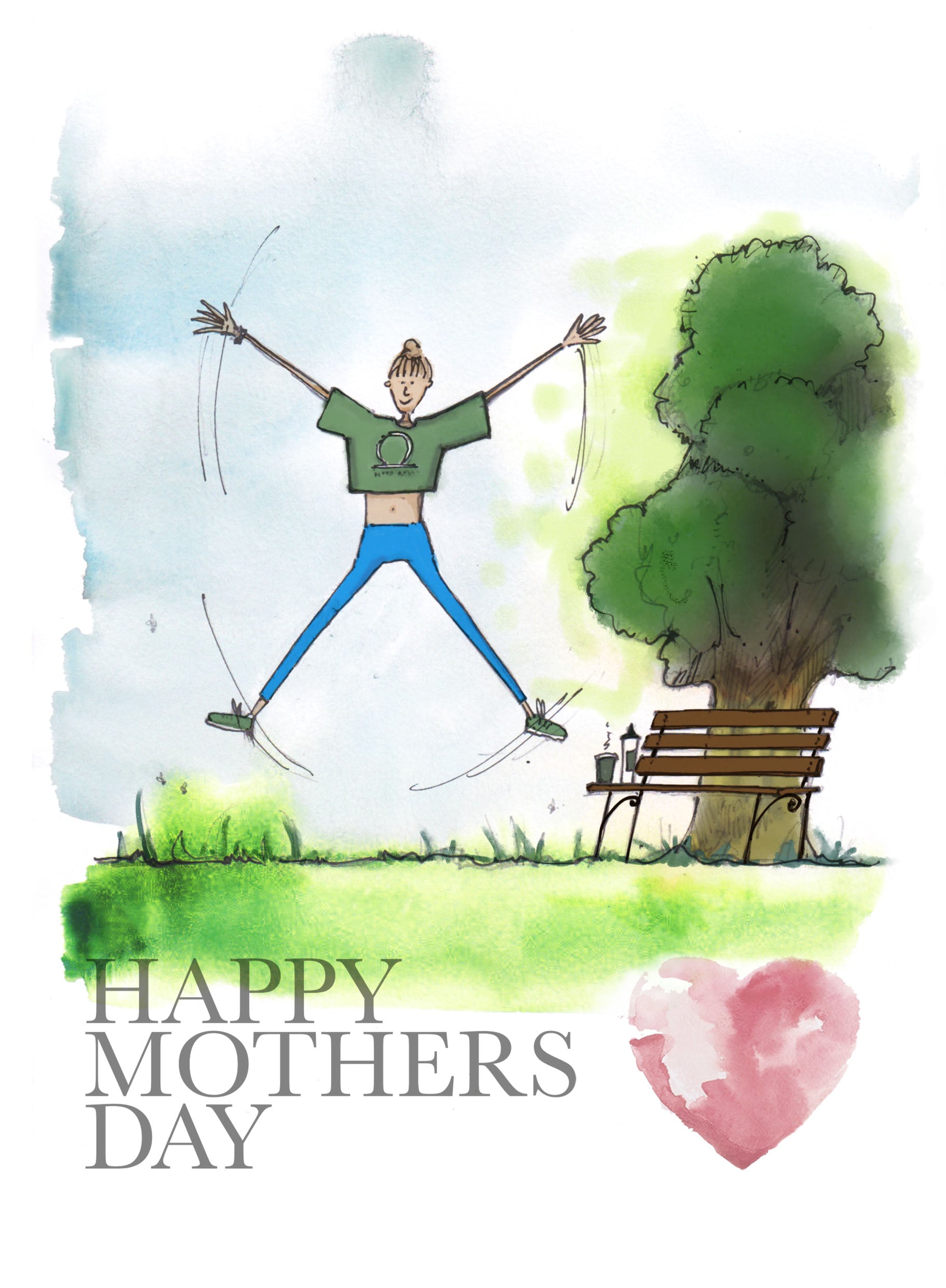 A joyful person jumps with arms and legs outstretched by a tree and bench, reflecting the spirit of Blåbär Nordic Living’s "Mothers Day Card - Fitness Mum." “Happy Mother’s Day” text with a watercolor pink heart appears below.