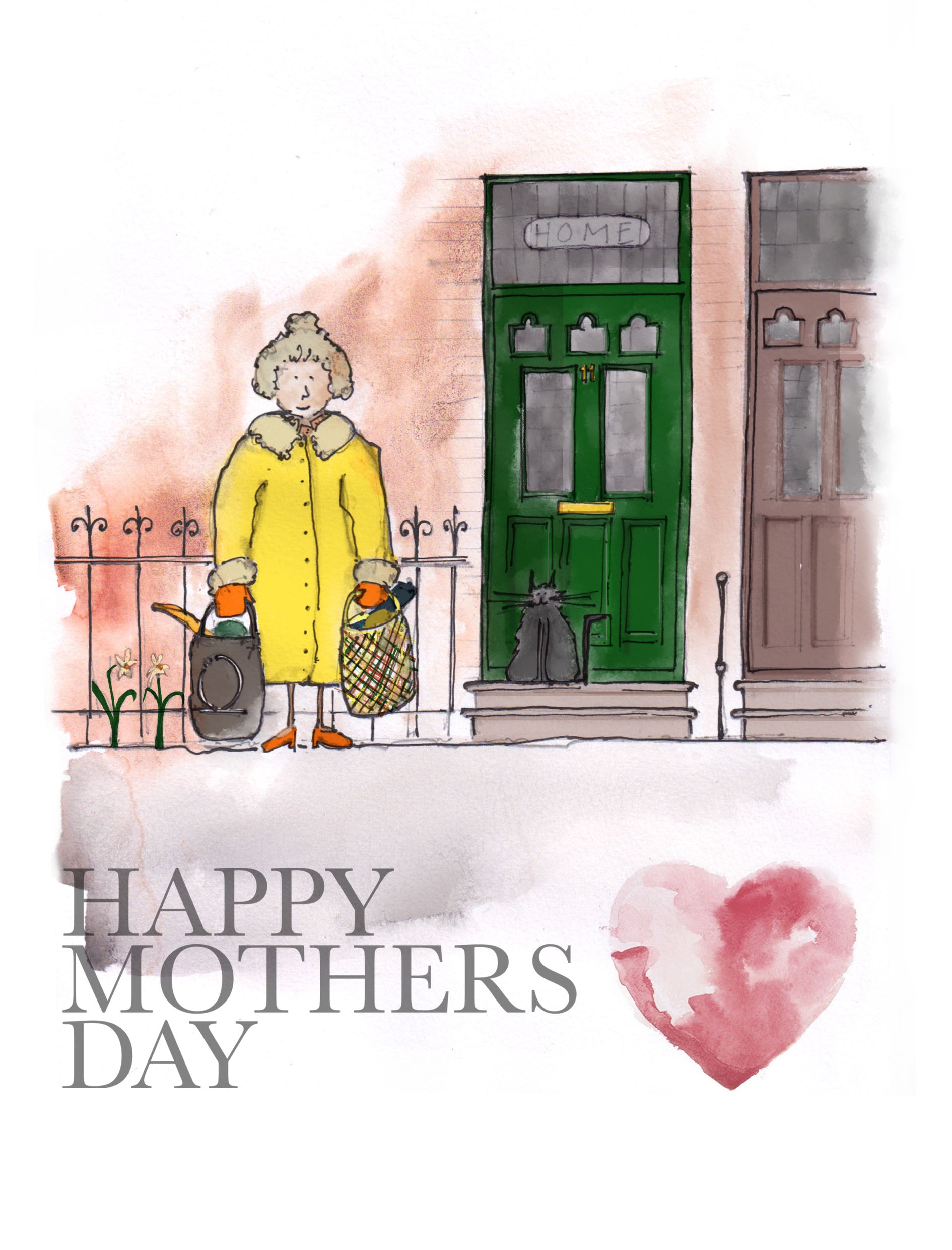 The “Mothers Day Card - Shopping Mum” by Blåbär Nordic Living features a Nordic-inspired illustration of an older woman in a yellow coat with shopping bags, a black cat, and “Happy Mothers Day” next to a pink heart.