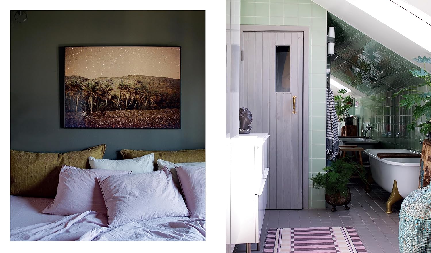 A bedroom styled in Nordic palette tones, inspired by Nordic Homes in Colour - The New Scandi Style by Antonia af Petersen, features a framed landscape photo, cozy pillows, and a bathroom with green tiles, plants, a tub, and striped rug.