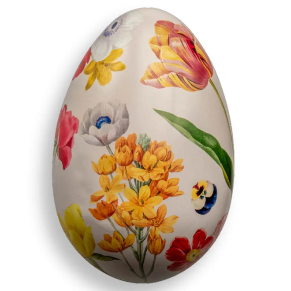 The Blomster Reusable Easter Egg by Gåva Gifting is a Swedish-style tin påskägg, adorned with colorful flower and bee illustrations on a white background—a charming collectible for Easter.