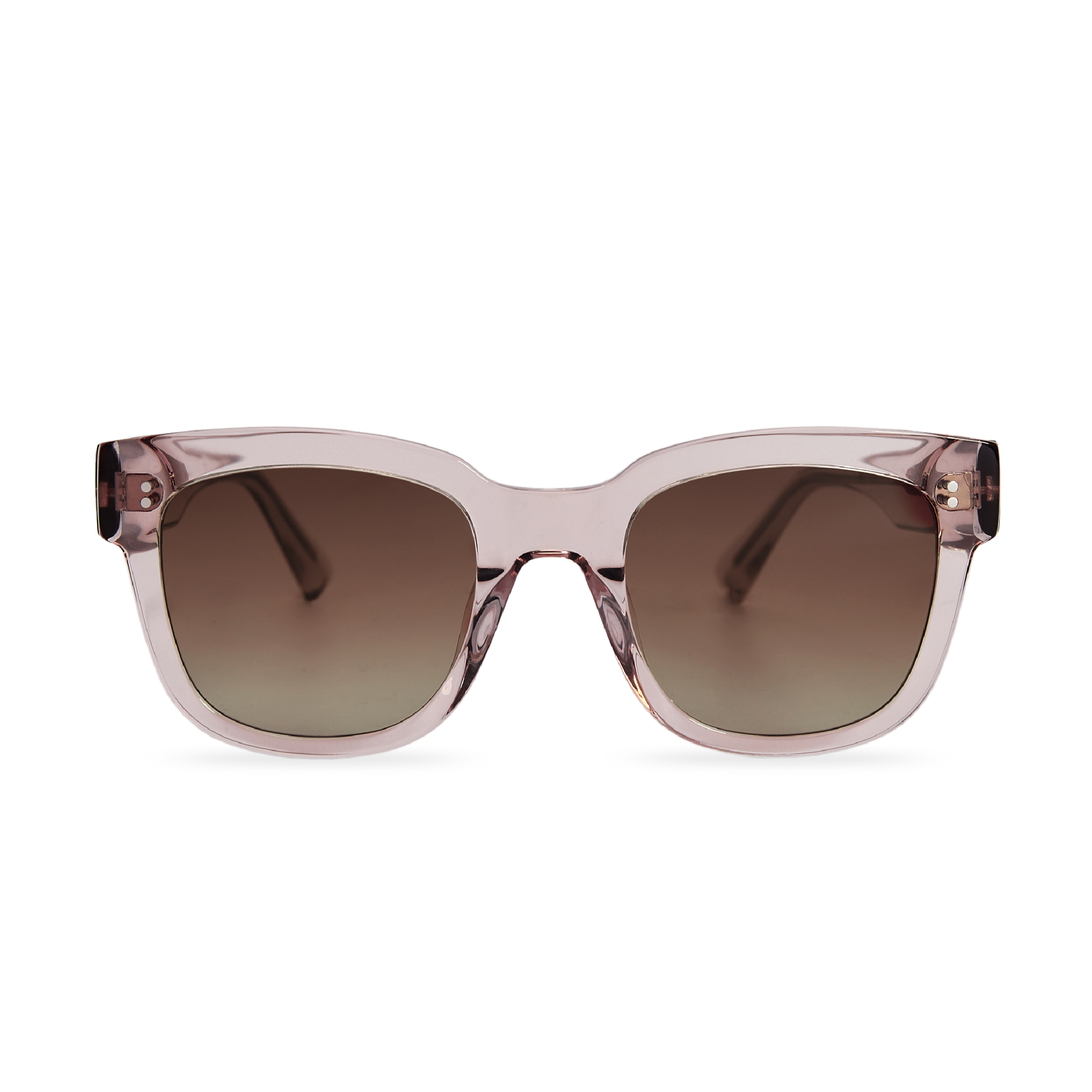 A close-up of MESSYWEEKEND Sunglasses Liv in Rose Clear with brown lenses, featuring handcrafted acetate frames and anti-scratch lenses.