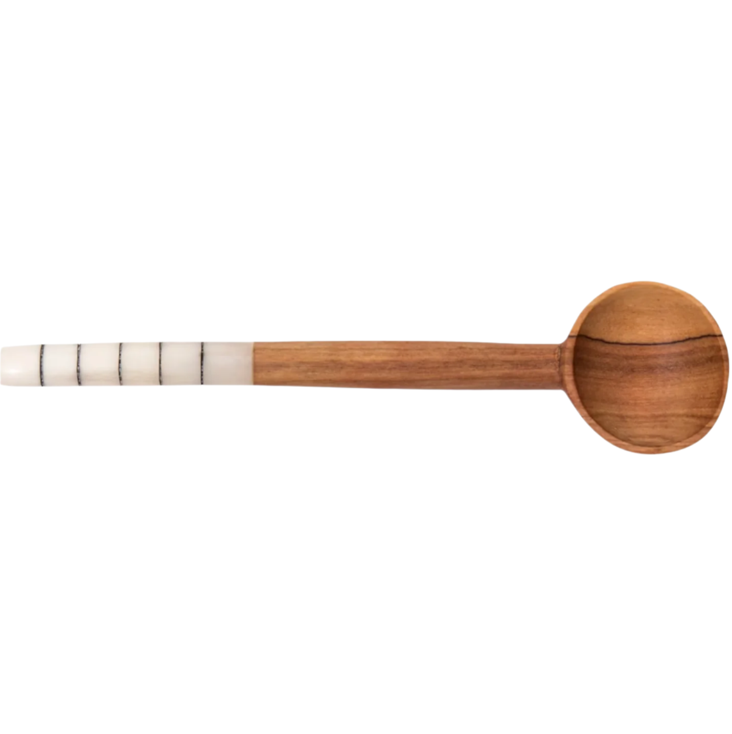 The Striped Wooden Spoon by A World of Craft is a handmade small spoon with a rounded bowl and a handle featuring white and black striped accents near the end.