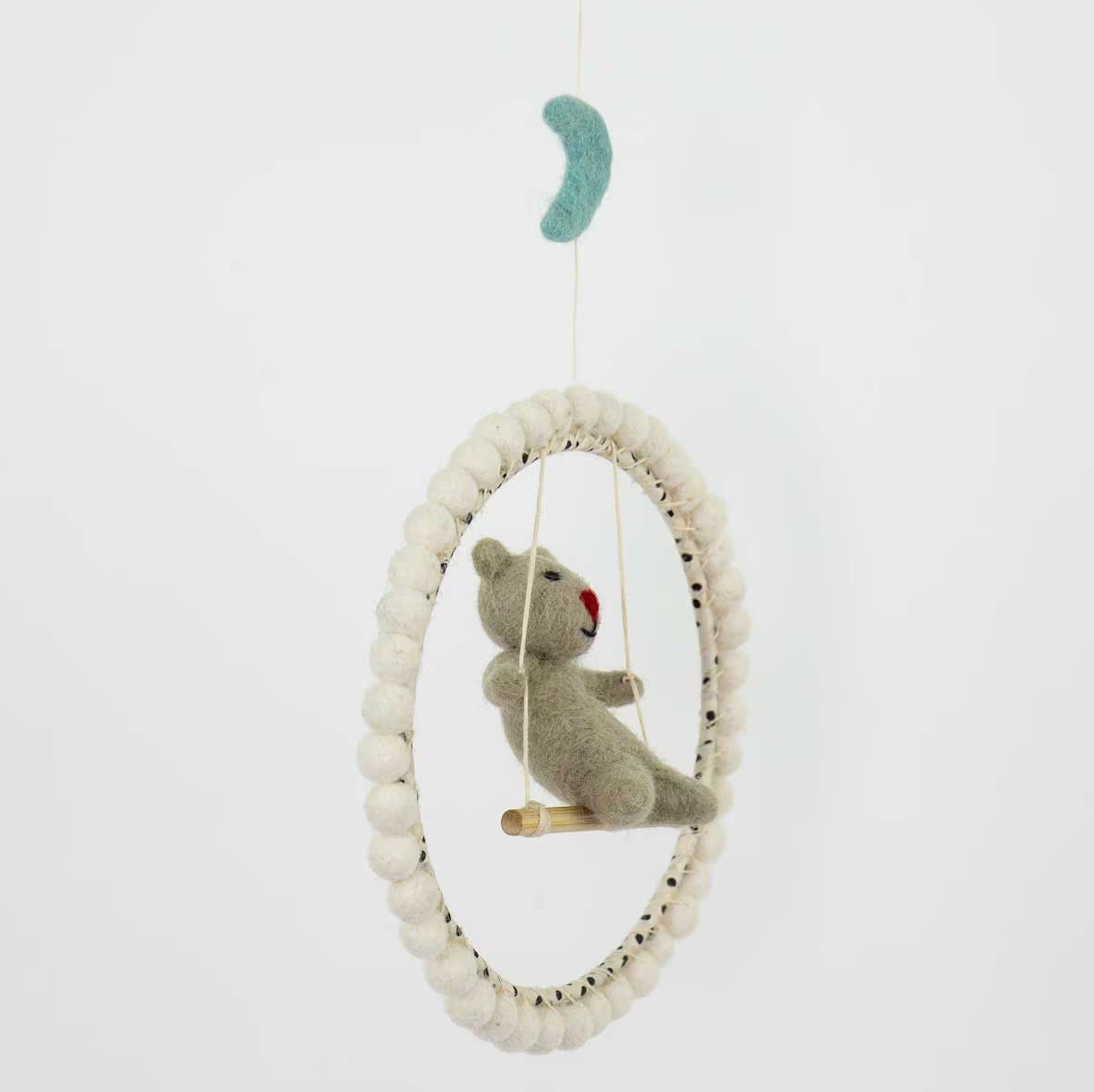 Mobile, He Swings, Bear on Swing, Handmade in wool, 18cm - in giftbox