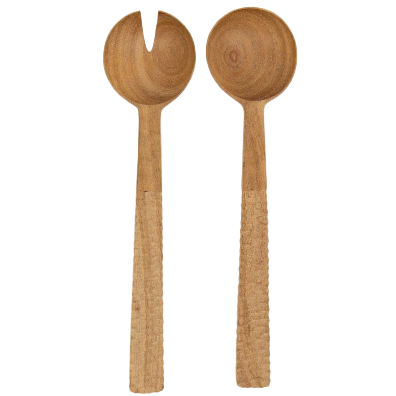 Handmade Neem Salad Servers by A World of Craft—one forked and one rounded, both with textured handles—are displayed side by side on a white background, showcasing fair trade artisanship.
