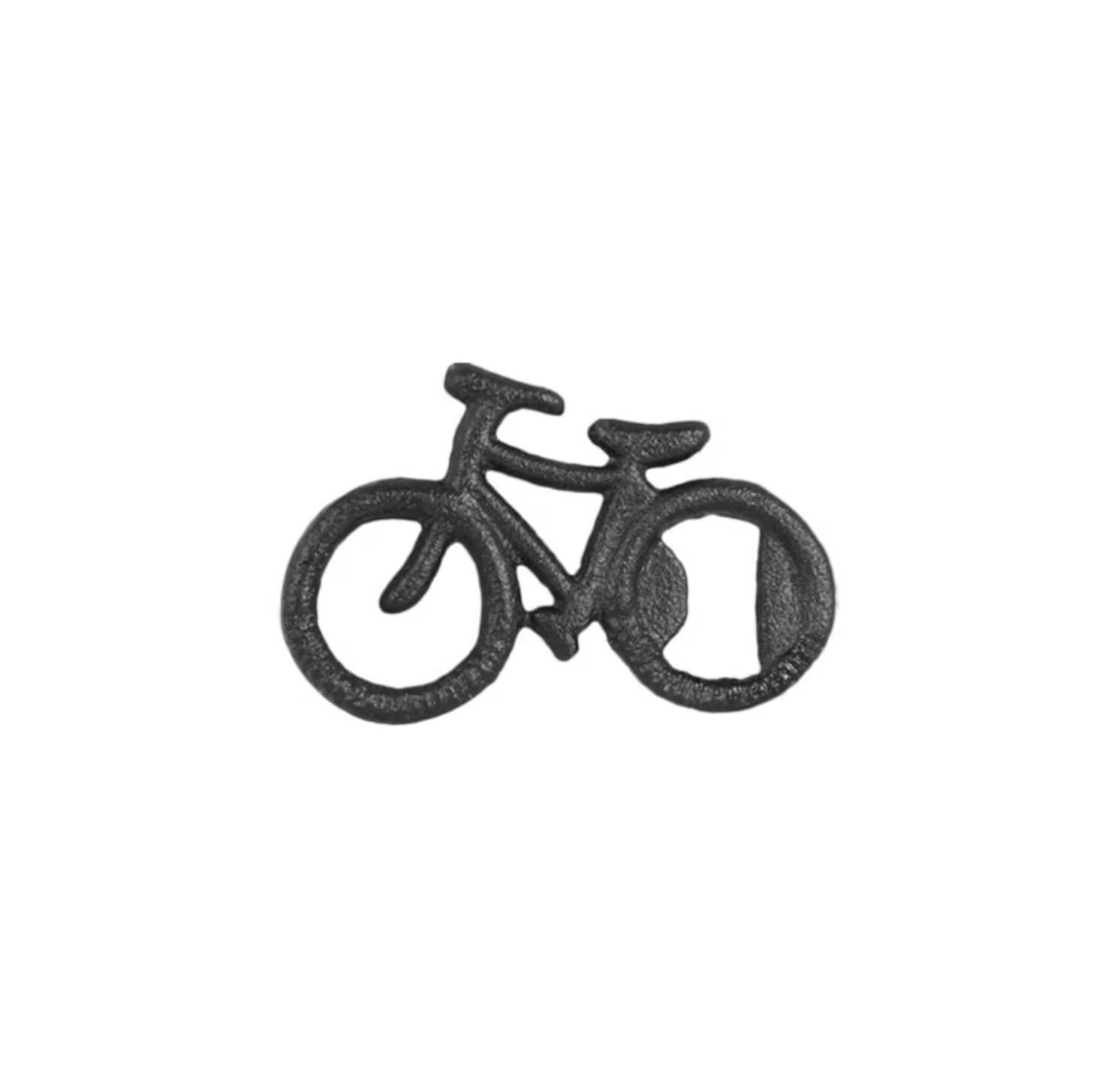 The Strömshaga Bottle Opener Bicycle in Cast Iron is a black metal bottle opener with open, hollow wheels, shaped like a bike and isolated on white—a stylish kitchen accessory for any home.