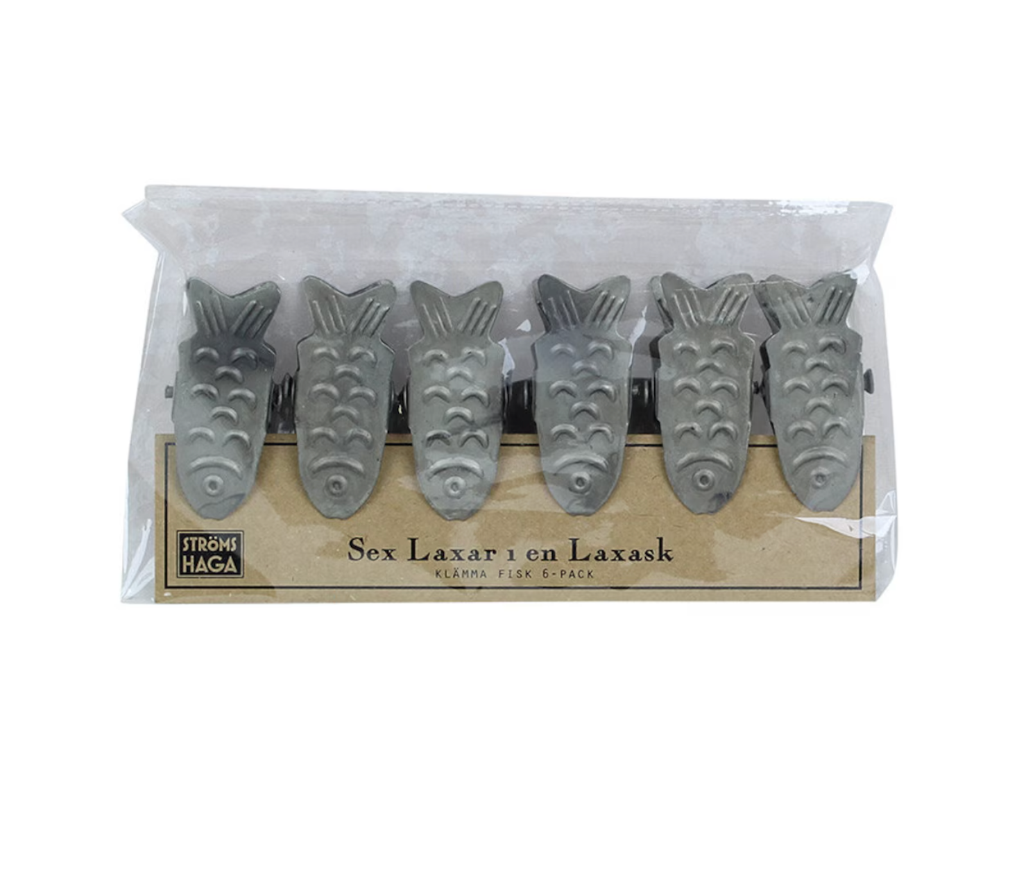 The Strömshaga Clip Fish 6-pack features six gray metal fish-shaped clips in a clear bag with Swedish text, ideal as unique kitchen towel or card holders.