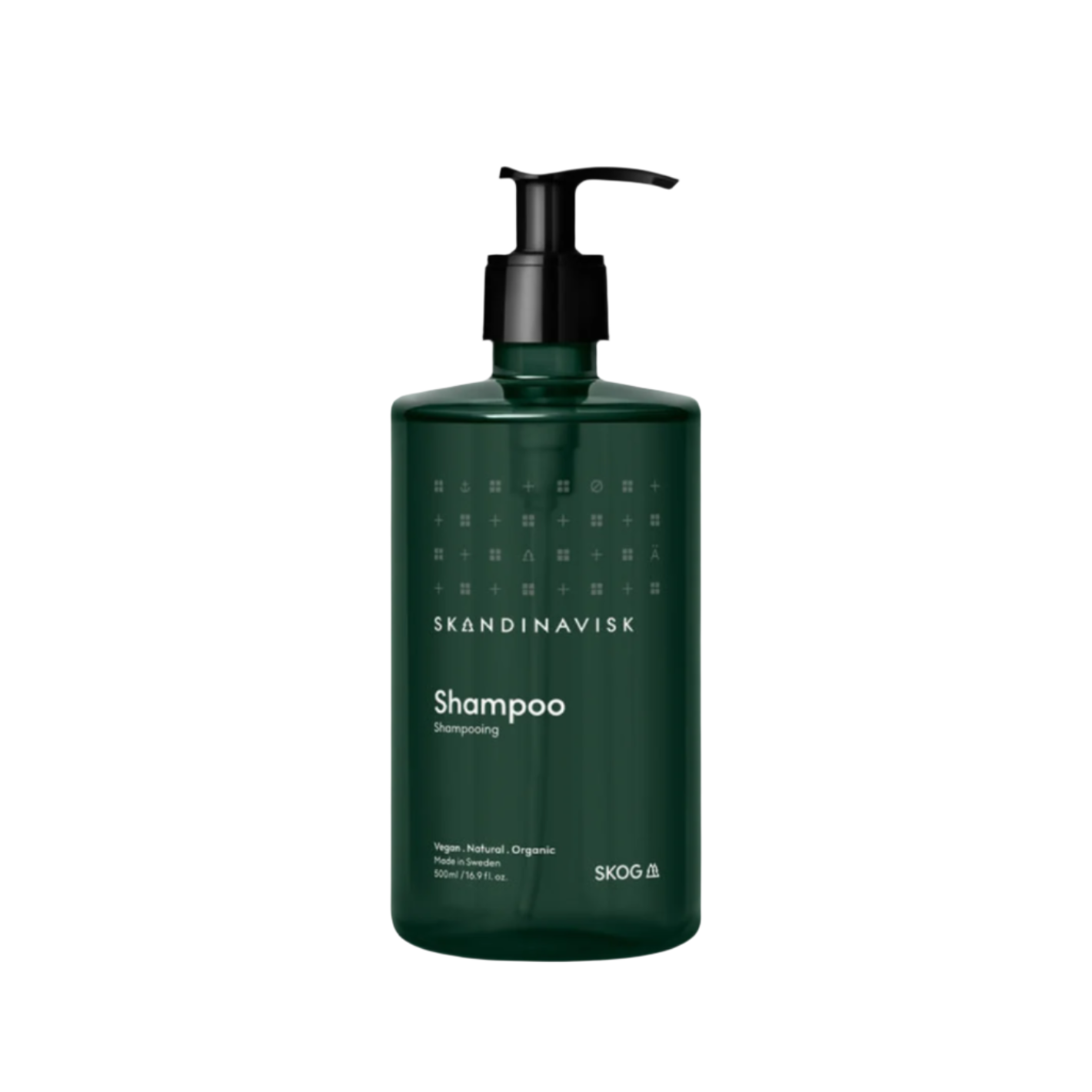 A dark green pump bottle labeled Skandinavisk Shampoo Skog 500ml features a minimalist design and white text, and contains hydrating vegan organic shampoo enriched with Swedish oat fibre.