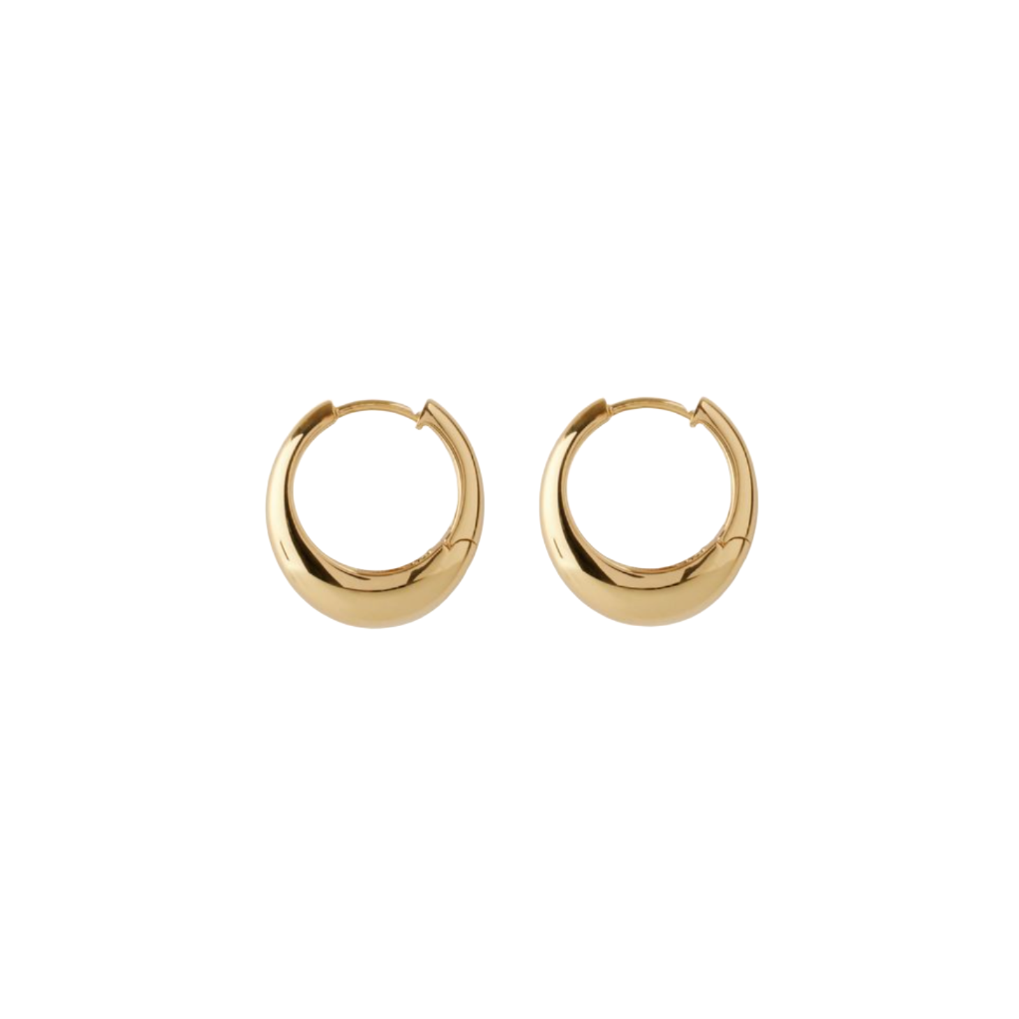 A pair of Globe Huggies in Gold by Pernille Corydon, small round hoop earrings from the Danish designer, displayed side by side on a plain white background—a timeless jewelry piece.