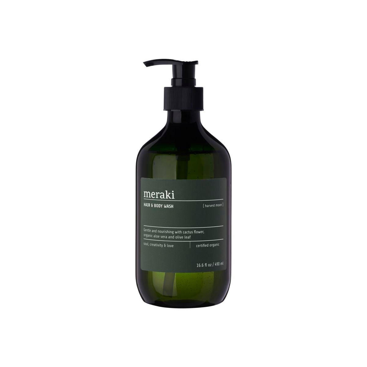 Meraki Hair & Body Wash, Harvest Moon, comes in a 16.6 fl oz (490 ml) dark green pump bottle with a black label and white text—perfect for hydrating hair and skin.