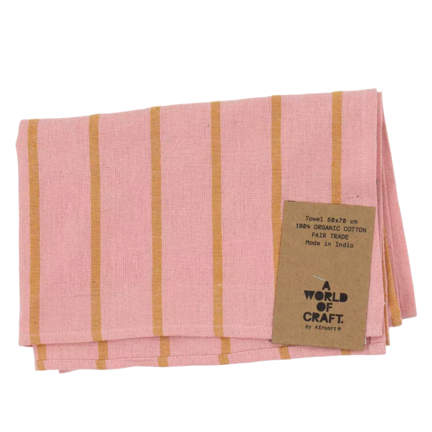 A handwoven pink tea towel with wide mustard stripes and a brown tag reading “Tea Towel 50x70 cm, Organic cotton, fair trade, made in India. A World of Craft.” Brand: A World of Craft.