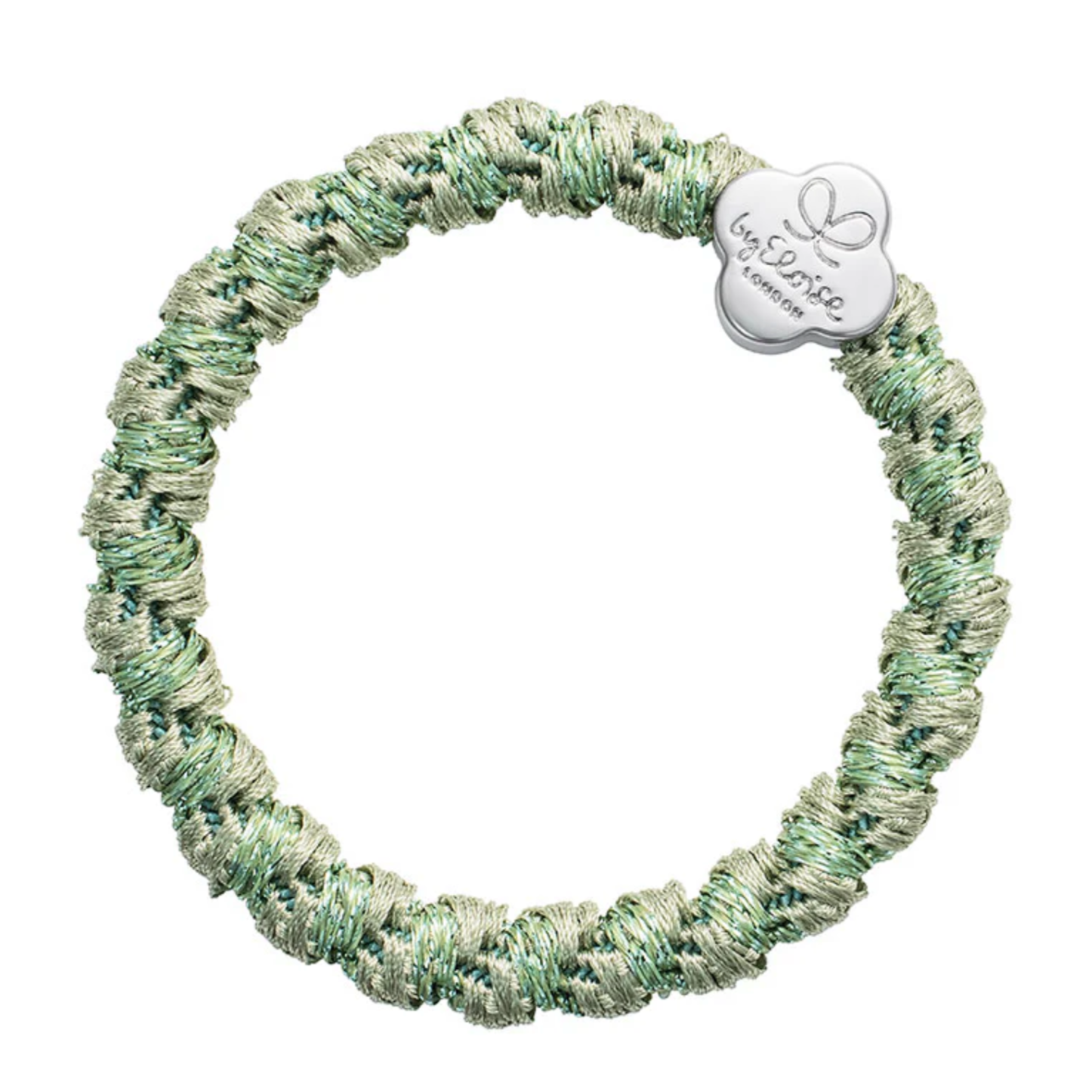 The ByEloise Bangle Band Woven Quatrefoil in Pistachio Green is a chic metallic green and silver silk elastic hair band with a round silver quatrefoil charm.