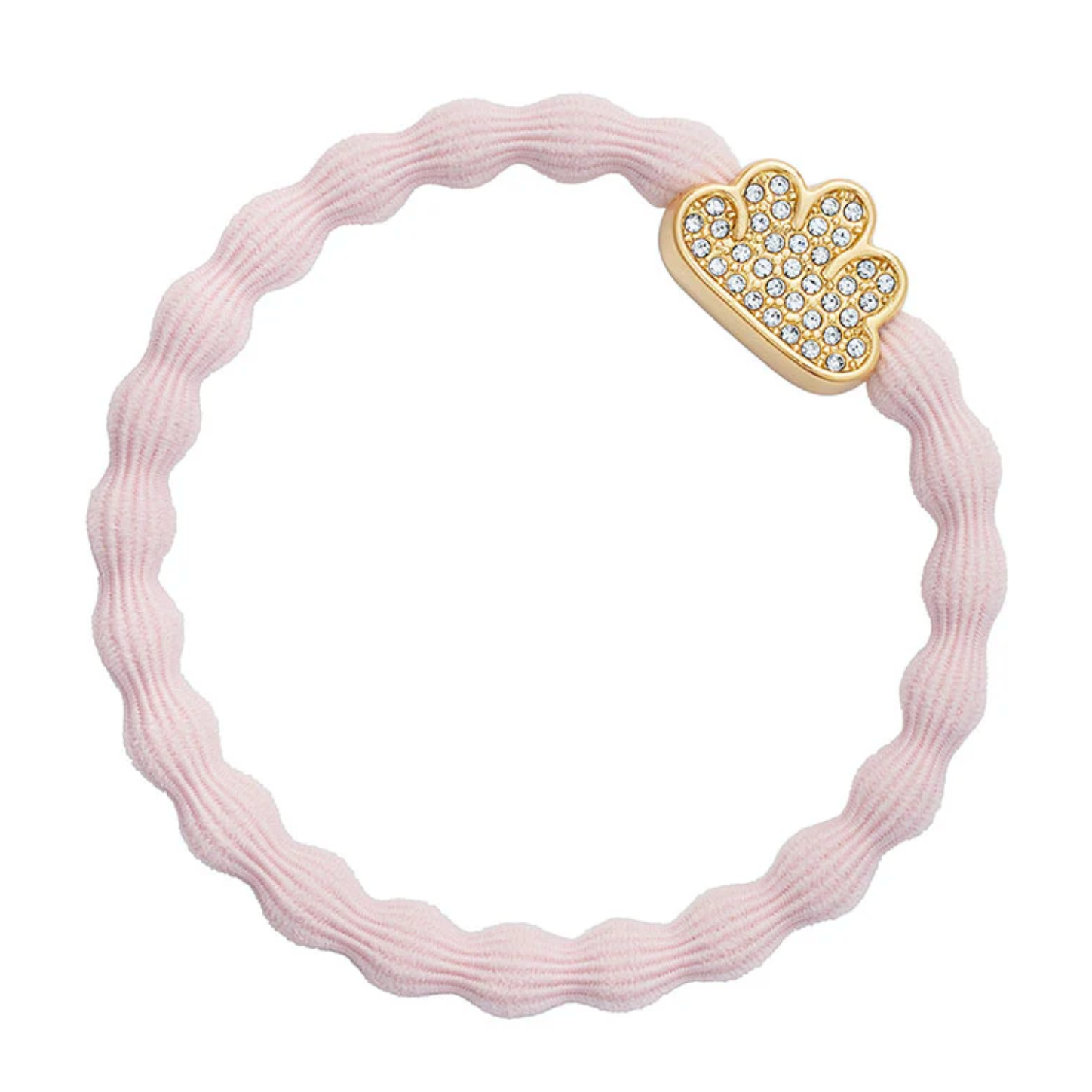 The ByEloise Bangle Band Cloud in Soft Pink is a wavy hair accessory adorned with a gold and rhinestone crown charm at the top right.