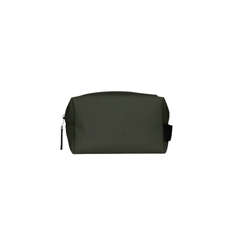 The Rains Wash Bag Small in Green by Rains is a dark green, rectangular, waterproof toiletry bag featuring a zipper closure and a small black side handle. Designed to keep your compact essentials organized, it is displayed on a plain white background.