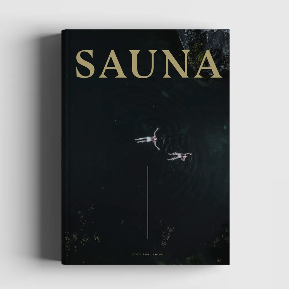 Sauna by Cozy Publishing: Book cover features an overhead photo of two people swimming in dark water, reflecting Finnish sauna culture. Publisher Cozy Publishing noted at the bottom.