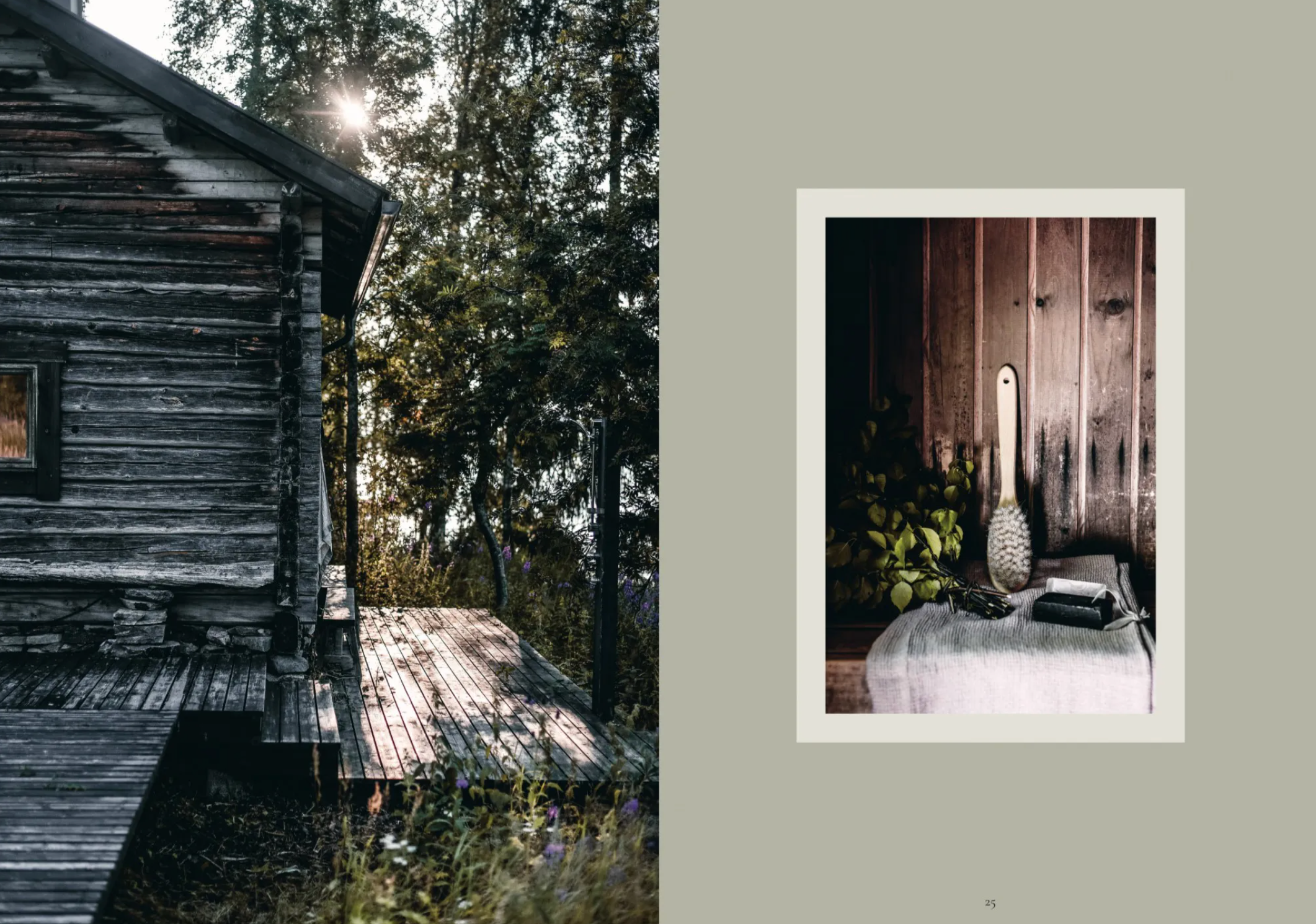 On the left, a weathered wooden house stands in a sunlit forest; on the right, Cozy Publishing’s Sauna displays Finnish sauna culture with a rustic table, vase, and leaves against warm wooden walls.