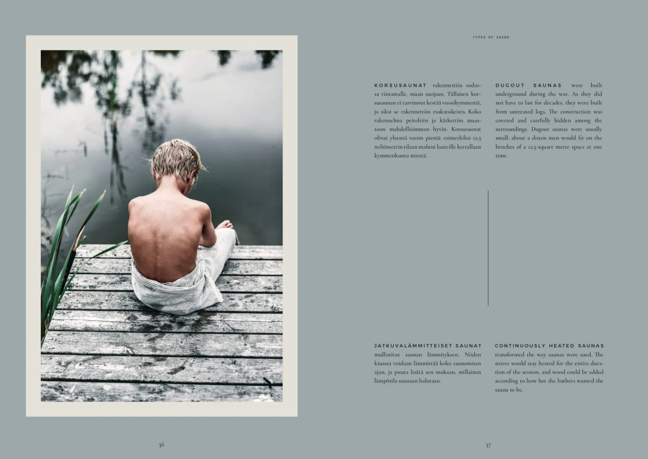 A young child with wet hair sits wrapped in a towel on a dock by calm water, seen from behind. On the right, Cozy Publishing’s Sauna shares insights on sauna culture and types like smoke sauna and Finnish sauna.