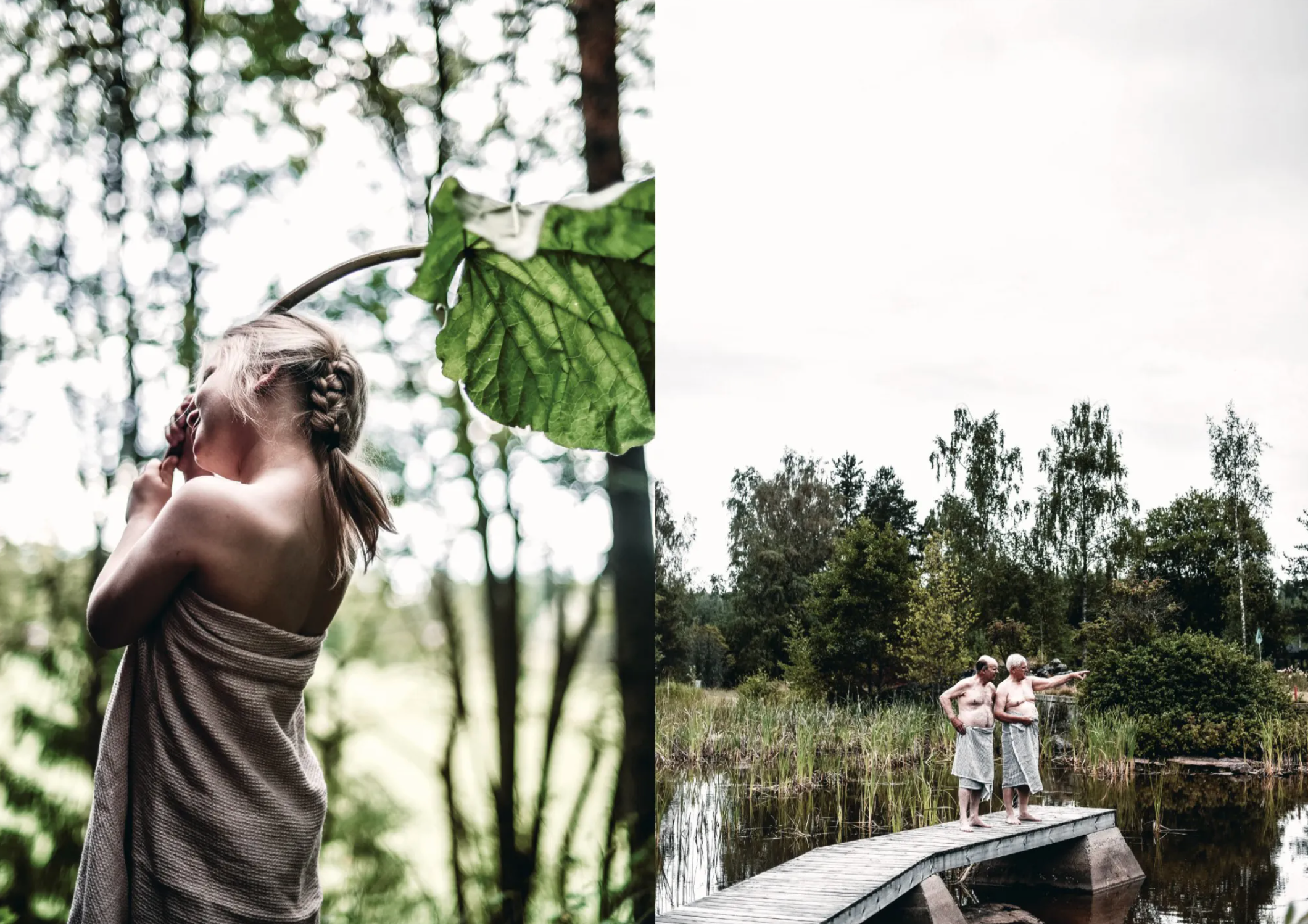 Left: A person with braided hair wrapped in a towel stands under a large leaf. Right: Two people in towels embrace sauna culture by Cozy Publishing’s Sauna, standing on a wooden dock and gazing at a tree-lined pond.