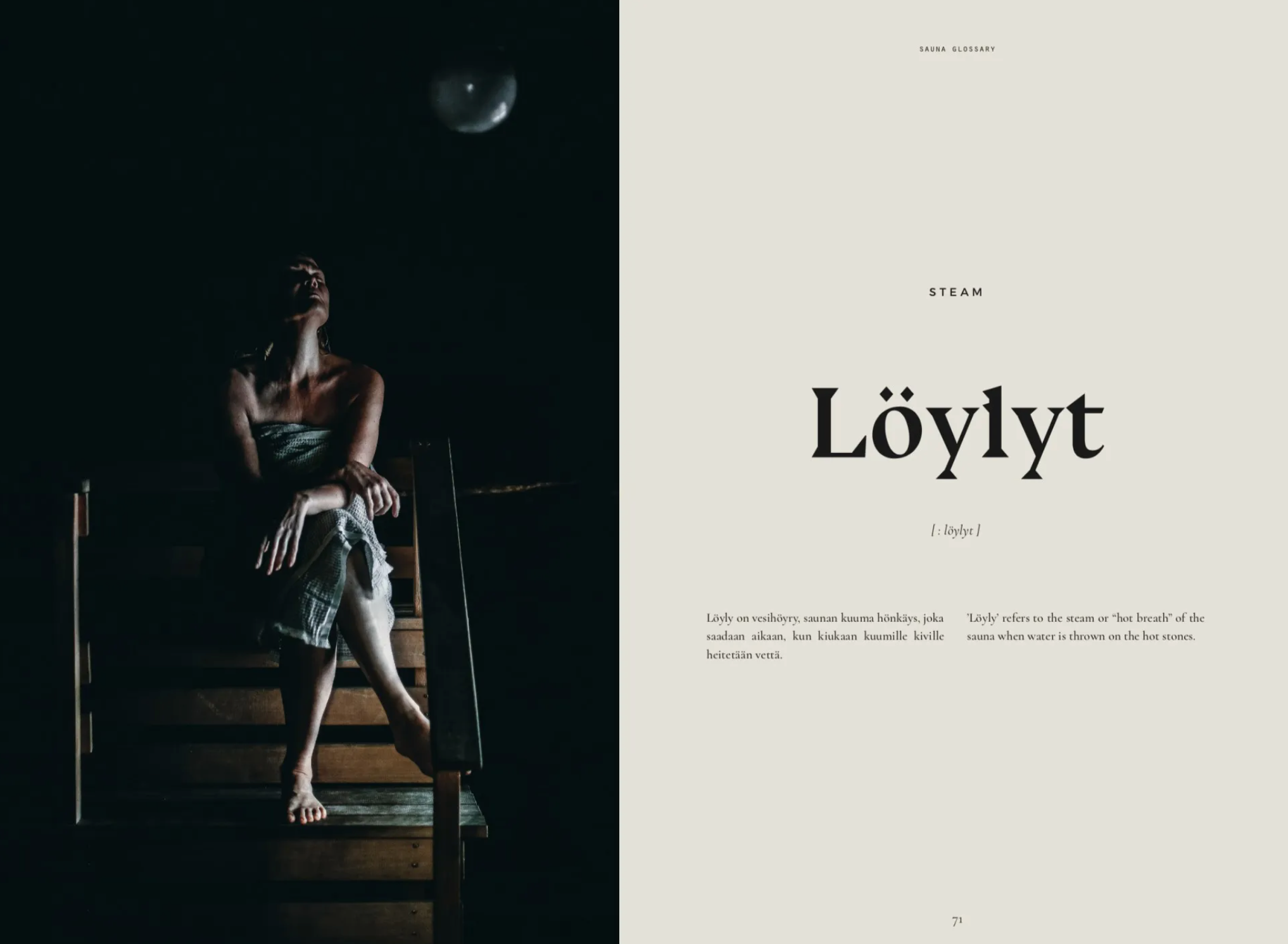 A person sits on a wooden bench in a towel, gazing upward; to the right, text from Cozy Publishings Sauna defines the Finnish word “Löylyt,” meaning the soothing steam that is key to traditional sauna culture.