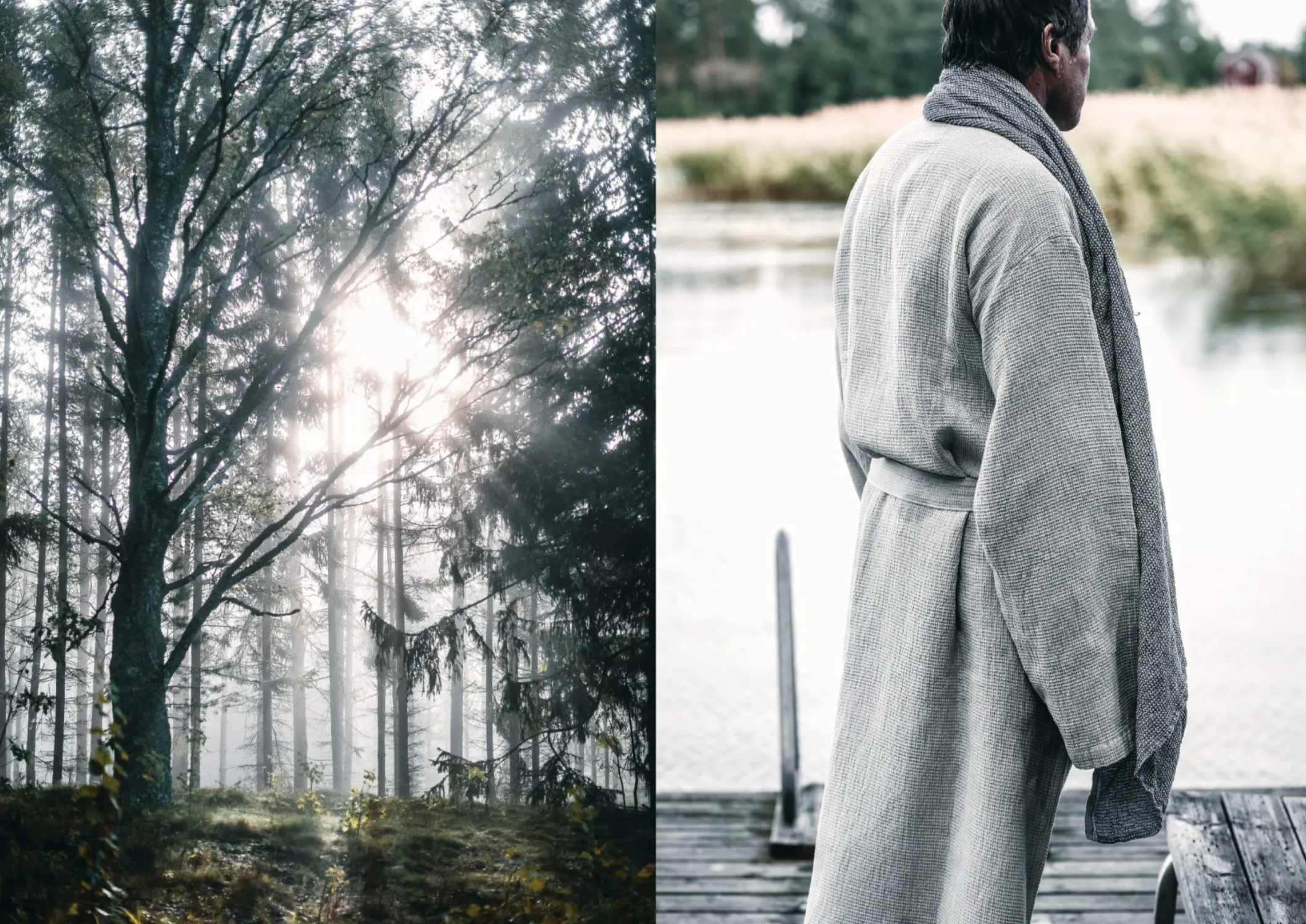 Left: Sunlight filters through forest trees. Right: From Cozy Publishings Sauna, a bathrobe-clad figure stands on a dock, embodying Finnish sauna culture and ready for a refreshing dip after enjoying the sauna experience.