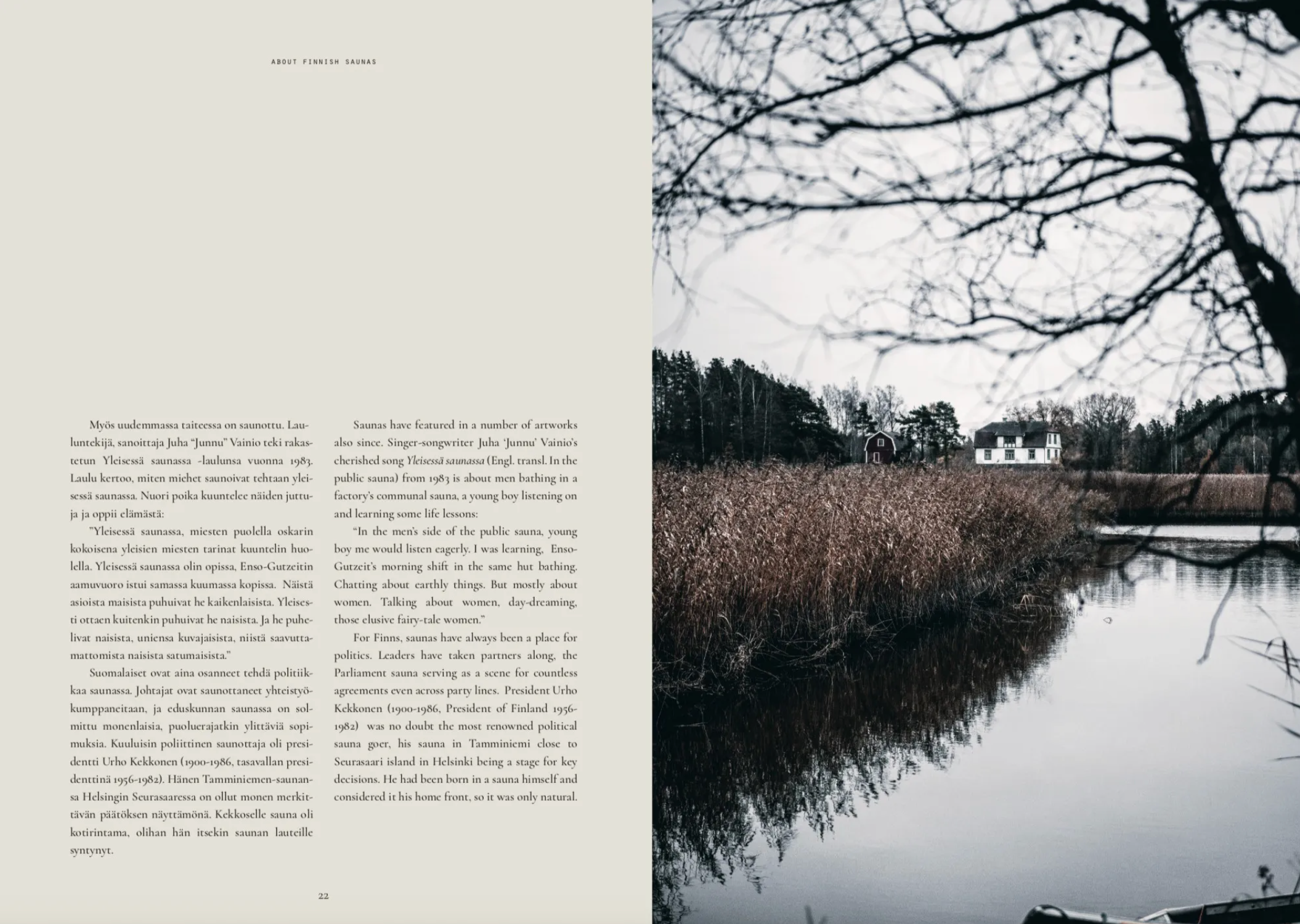 A two-page magazine spread for Cozy Publishing’s “Sauna” has text on the left and a moody photo of a lakeside white house amid reeds and trees on the right, capturing the tranquil spirit of Finnish sauna culture.