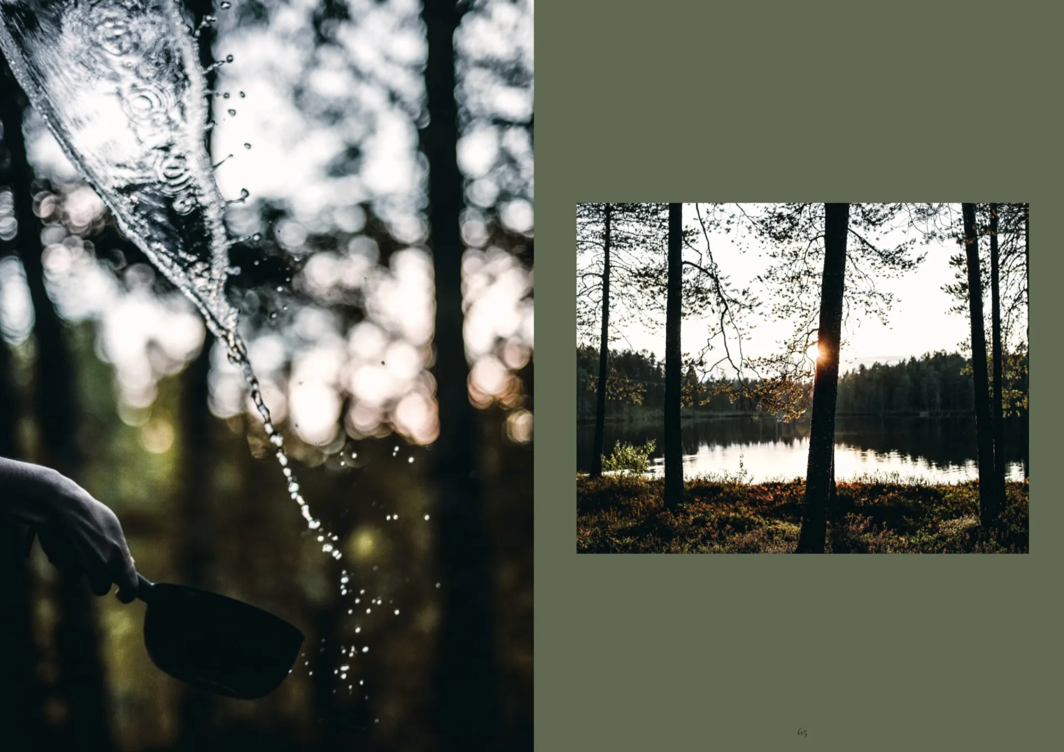 A person pours water from a cup in a forest, reflecting Finnish sauna culture. To the right, a sunset lake view appears through trees. Product: Sauna by Cozy Publishing.