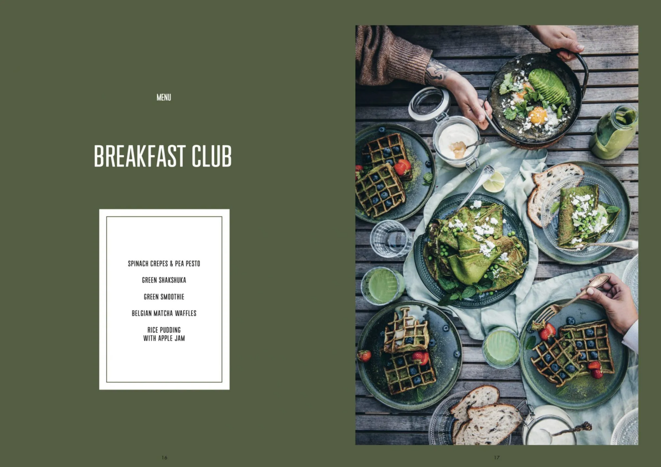 Overhead view of a table with green waffles, salad, toast, and drinks as hands serve food. The Menu - Recipes for Shared Moments from Cozy Publishing appears on the left—ideal for inspiring breakfast gatherings.