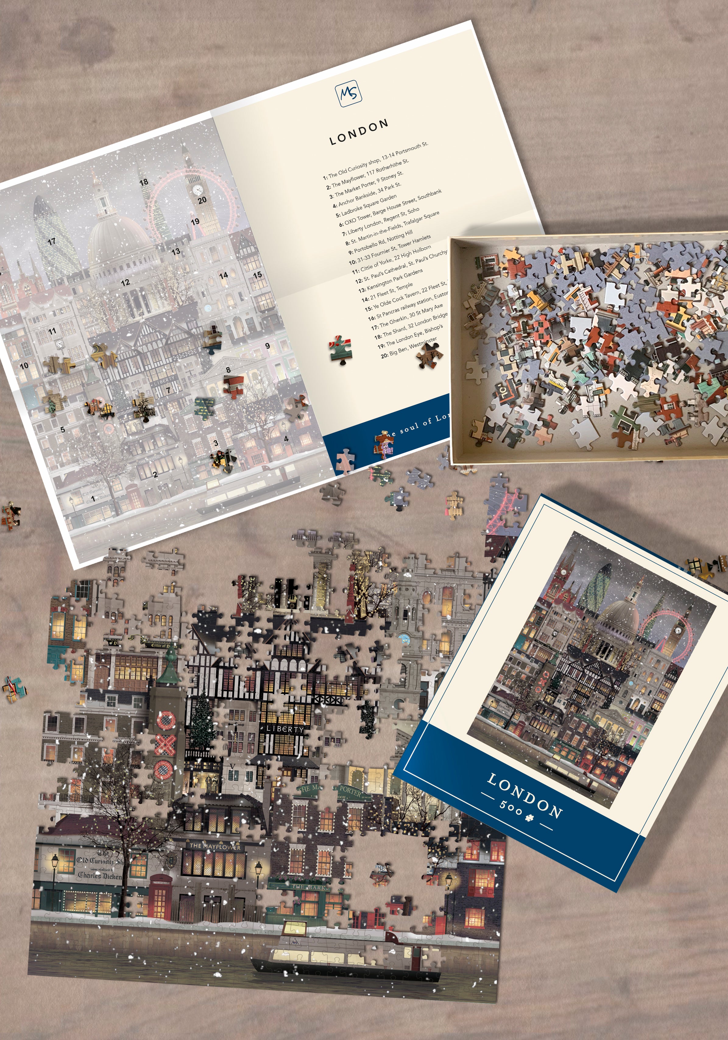 A partially assembled "Puzzle Christmas in London, 500 Pieces" by Martin Schwartz rests on a table, with the box, instruction sheet, and loose pieces scattered nearby.