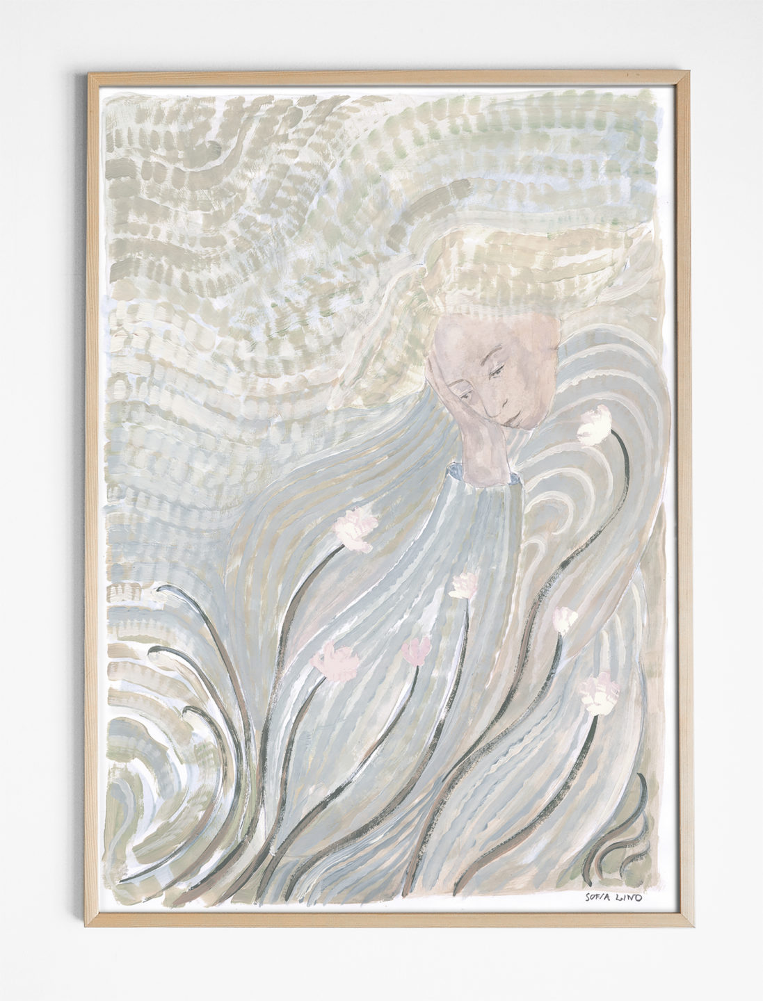 The Grow Print by Fine Little Day (50 x 70 cm) features a serene, closed-eyed face surrounded by flowing lines and abstract pastel flowers, capturing the distinctive style of Swedish artist Sofia Lind. Framed poster.
