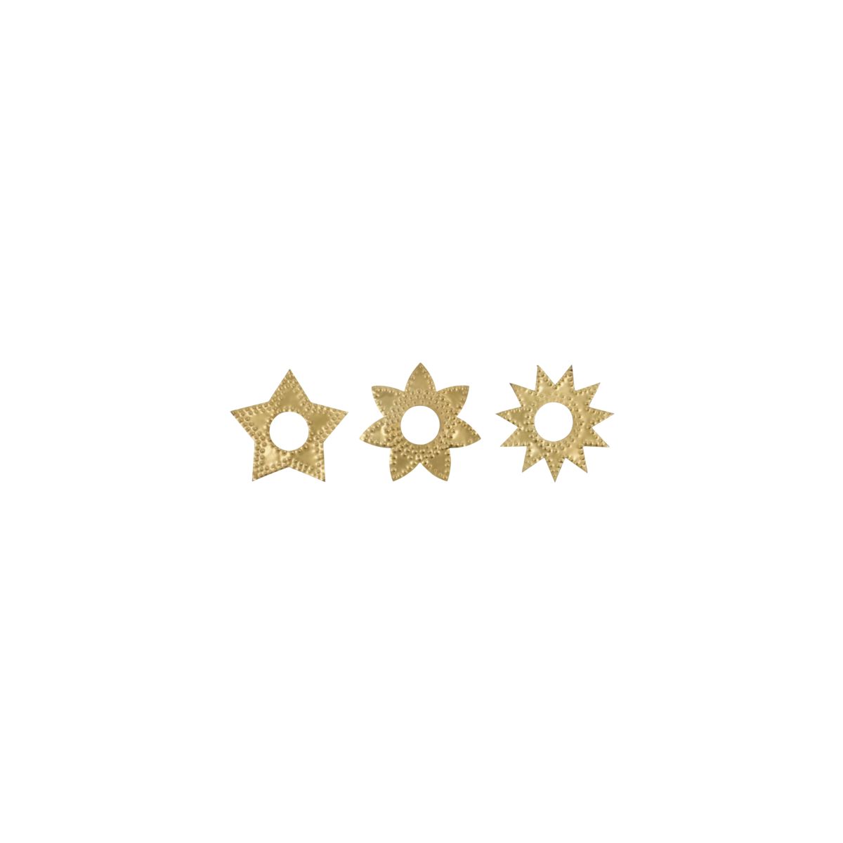 The House Doctor Candle Rings Star in Brass, Set of 3, features small, gold star-shaped designs with varying points—ideal for handmade candle decor or unique Christmas decorations.
