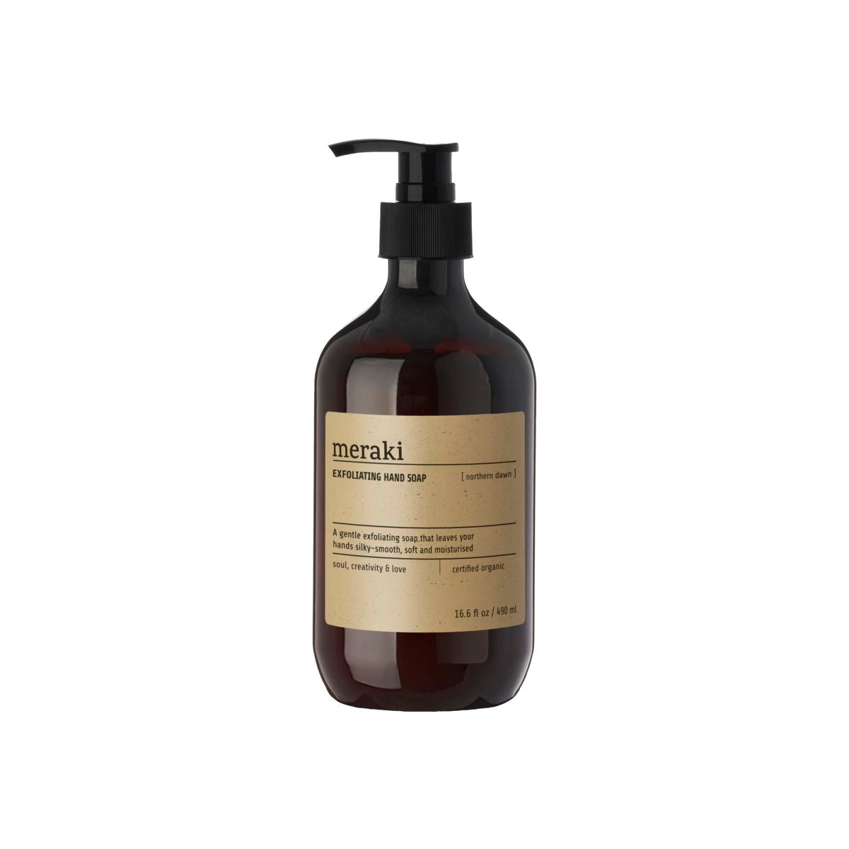 A brown pump bottle of Meraki Hand Soap Exfoliating Organic, Northern Dawn (16.6 fl oz/490 ml) with a beige label features apricot granulate for gentle exfoliation and moisturizing care.